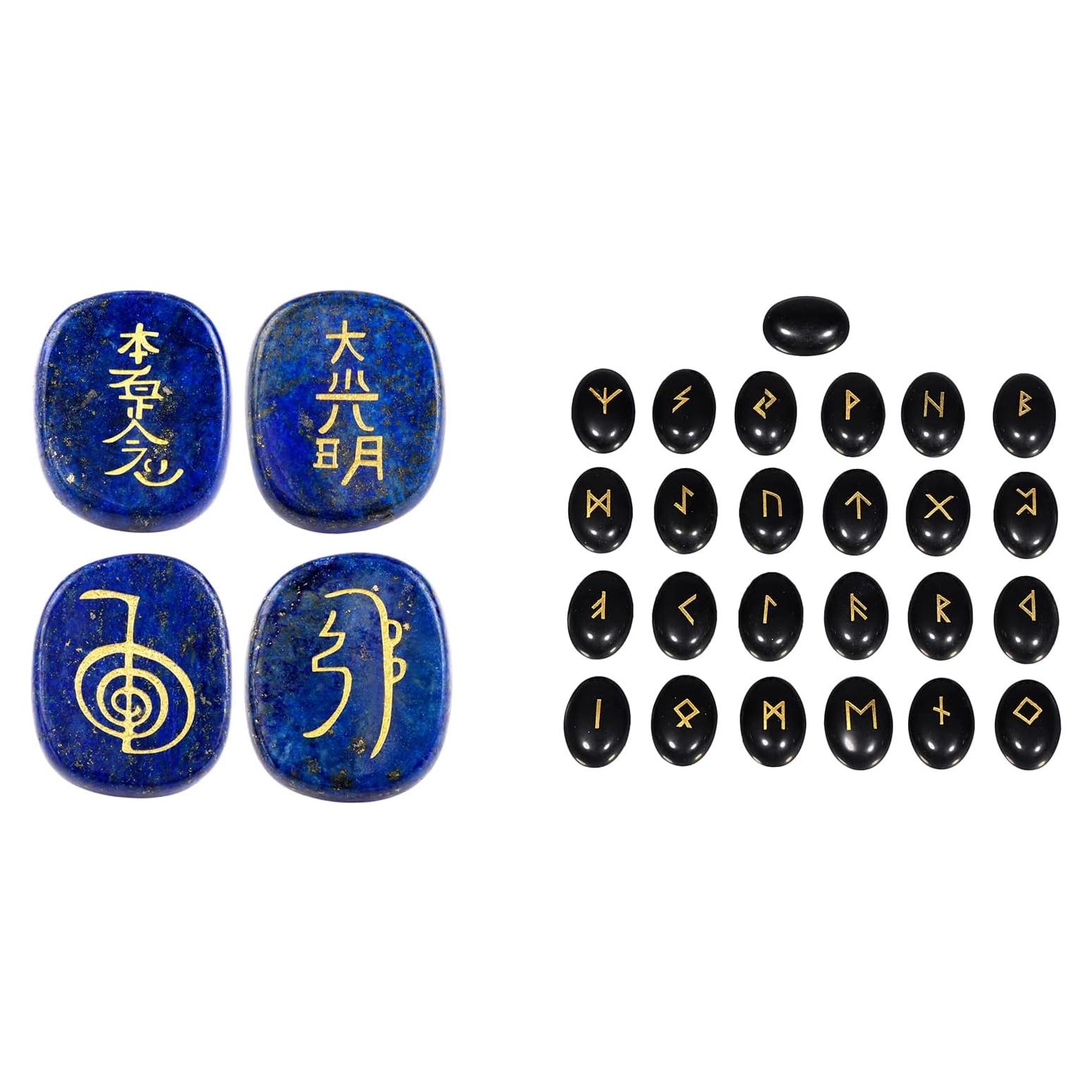 Paquete de 2 Artículos: 4 Piedras de Chakra y 25 Runas de Obsidiana