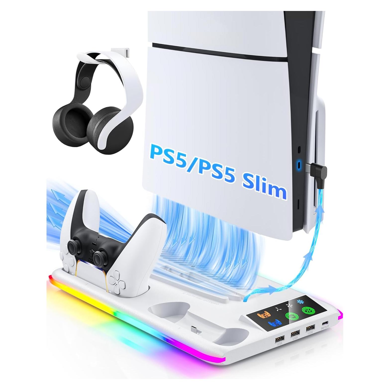 Cargador PS5 Honghao con Soporte y Ventilador Blanco