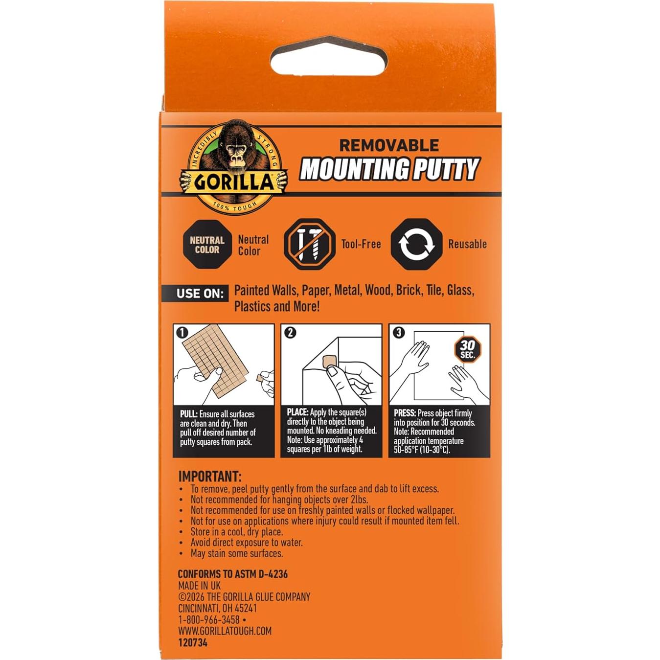 Masilla de Montaje Gorilla 1 Paquete 168 Cuadrados No Tóxica