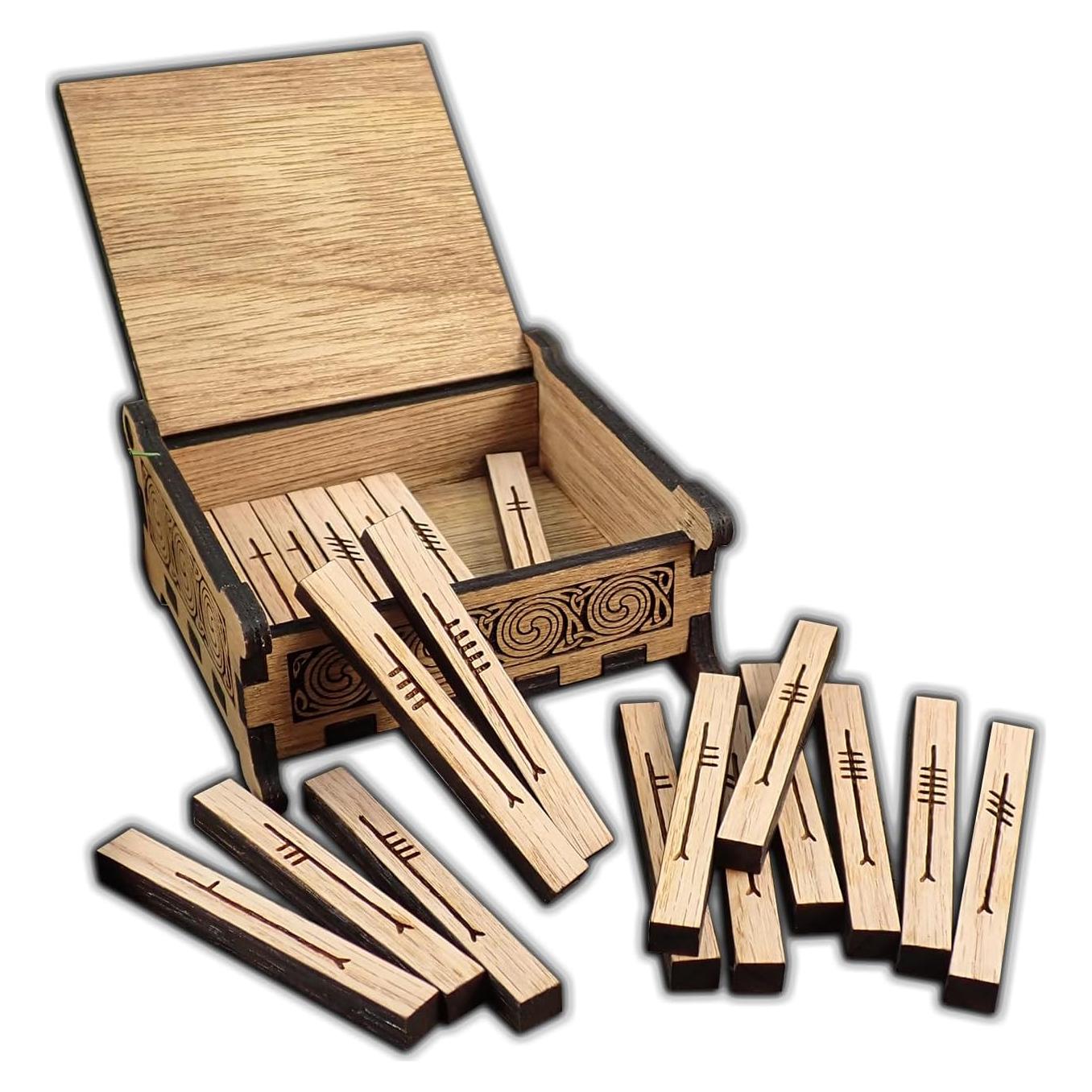 Conjunto de Runas Ogham Celta de Madera de Roble con Caja