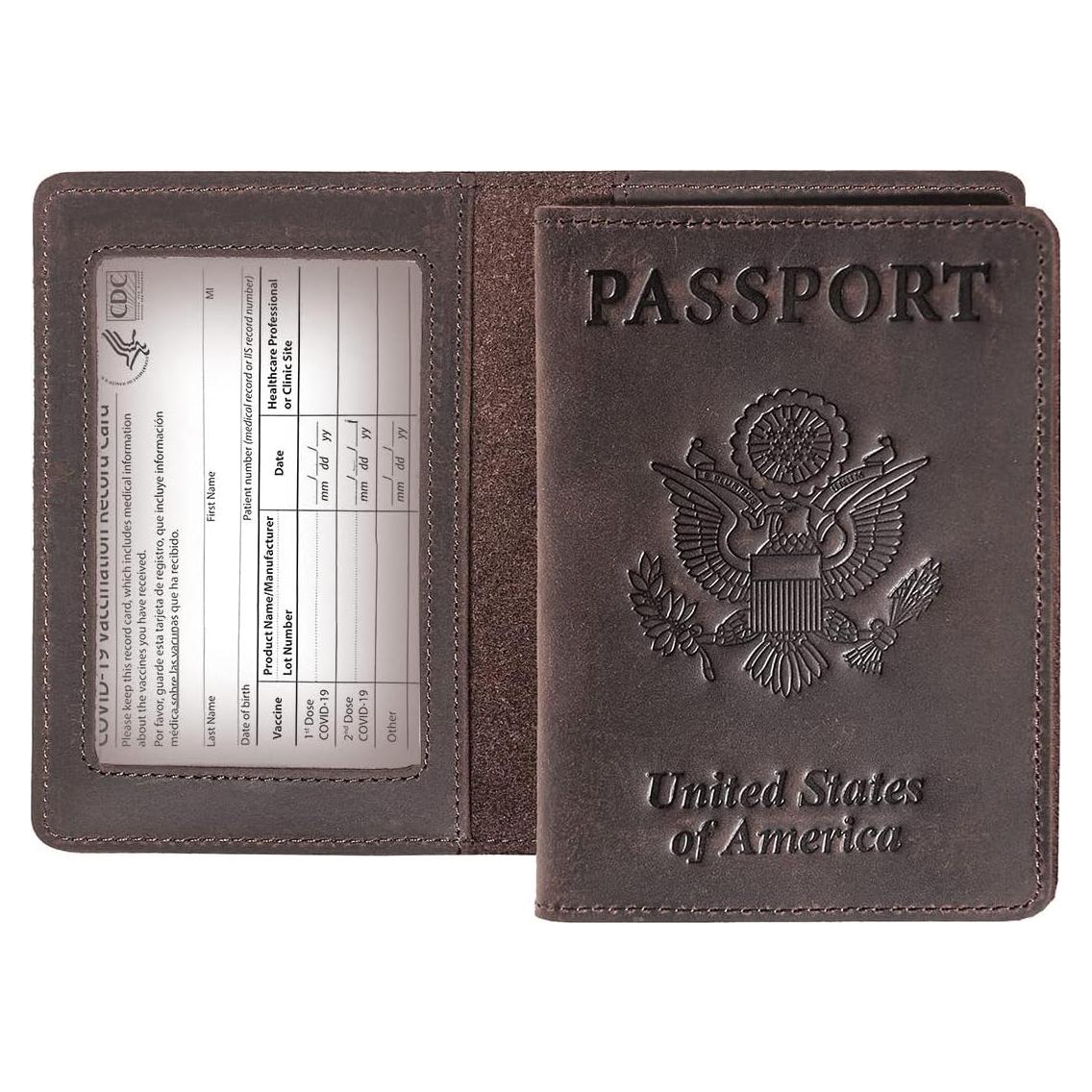 Portafolio de Pasaporte y Tarjeta de Vacunas de Cuero Genuino Café con Bloqueo RFID
