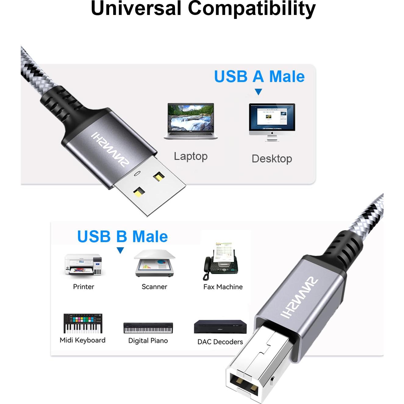 Cable de Impresora USB 2.0 SNANSHI 1.83m - A a B, Alta Velocidad