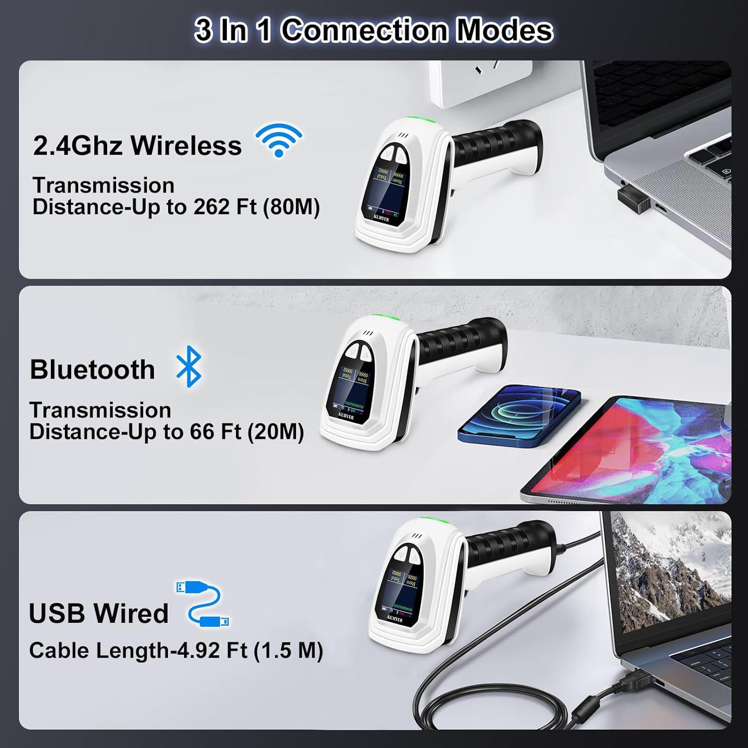Escáner de Códigos de Barras KUIIYER Bluetooth 2D con Pantalla LCD