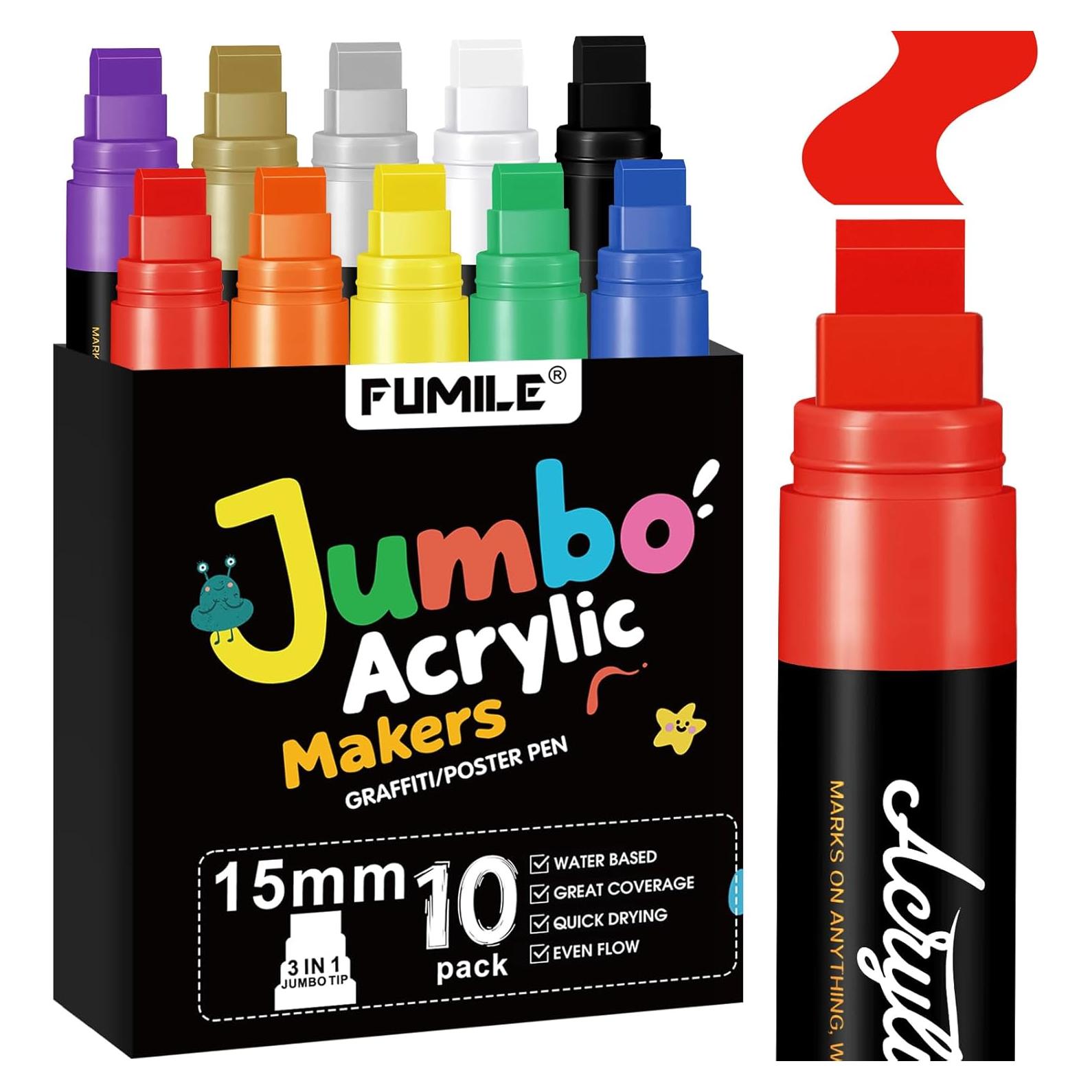 FUMILE 10 Marcadores de Póster Jumbo 15mm Acrílicos Multicolor