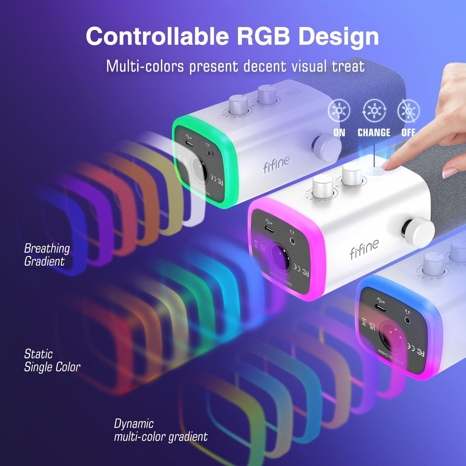 Micrófono Gaming FIFINE AM8 Blanco USB/XLR RGB para PC