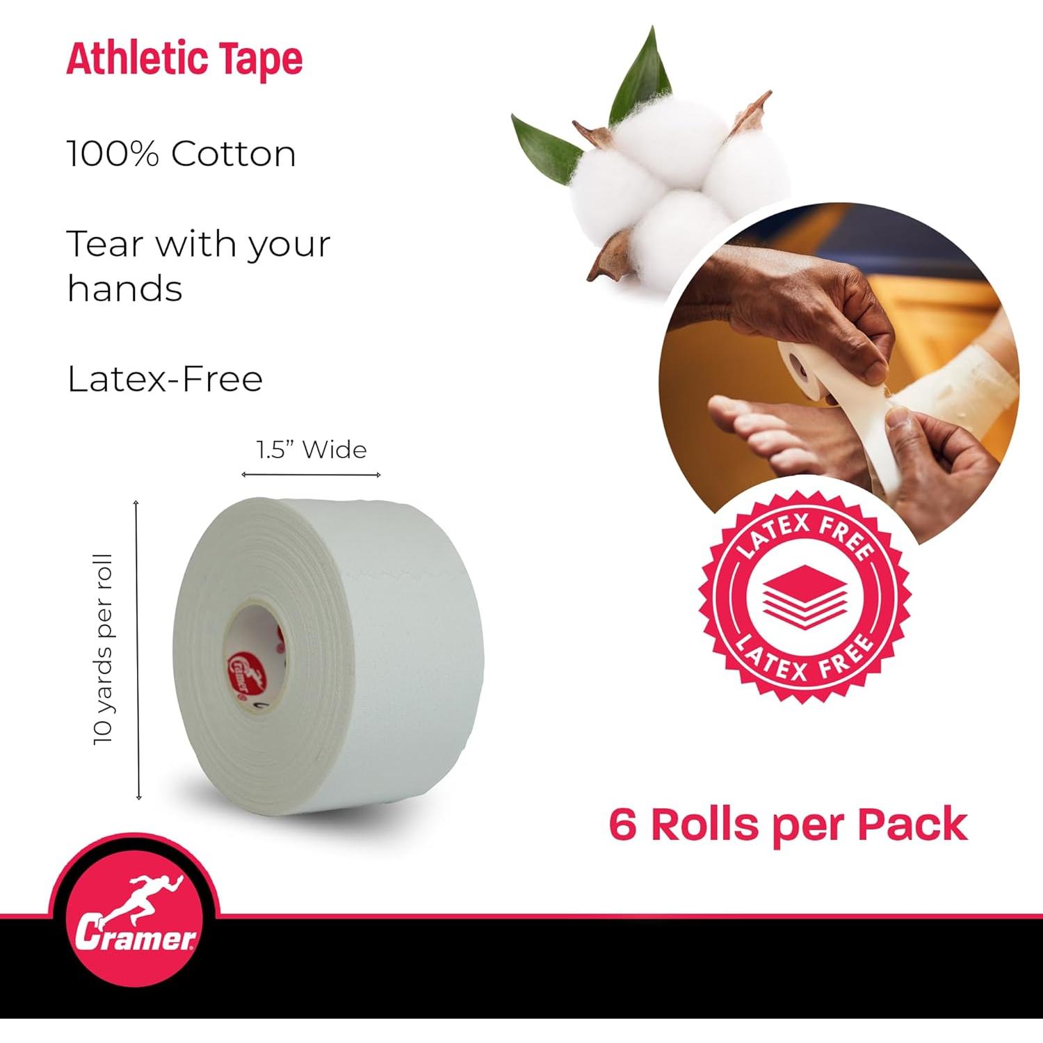 Cinta Atlética Cramer 6 Rollos 1.5" x 9.14m Blanca Soporte Fuerte