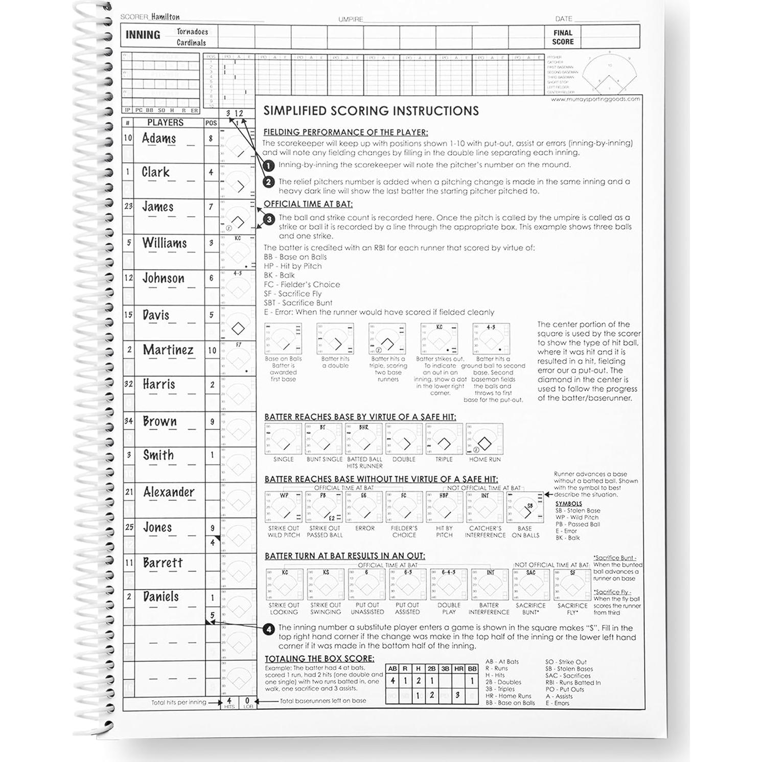 Libro de Puntuación de Béisbol/Sóftbol Murray - Letra Grande 35 Juegos