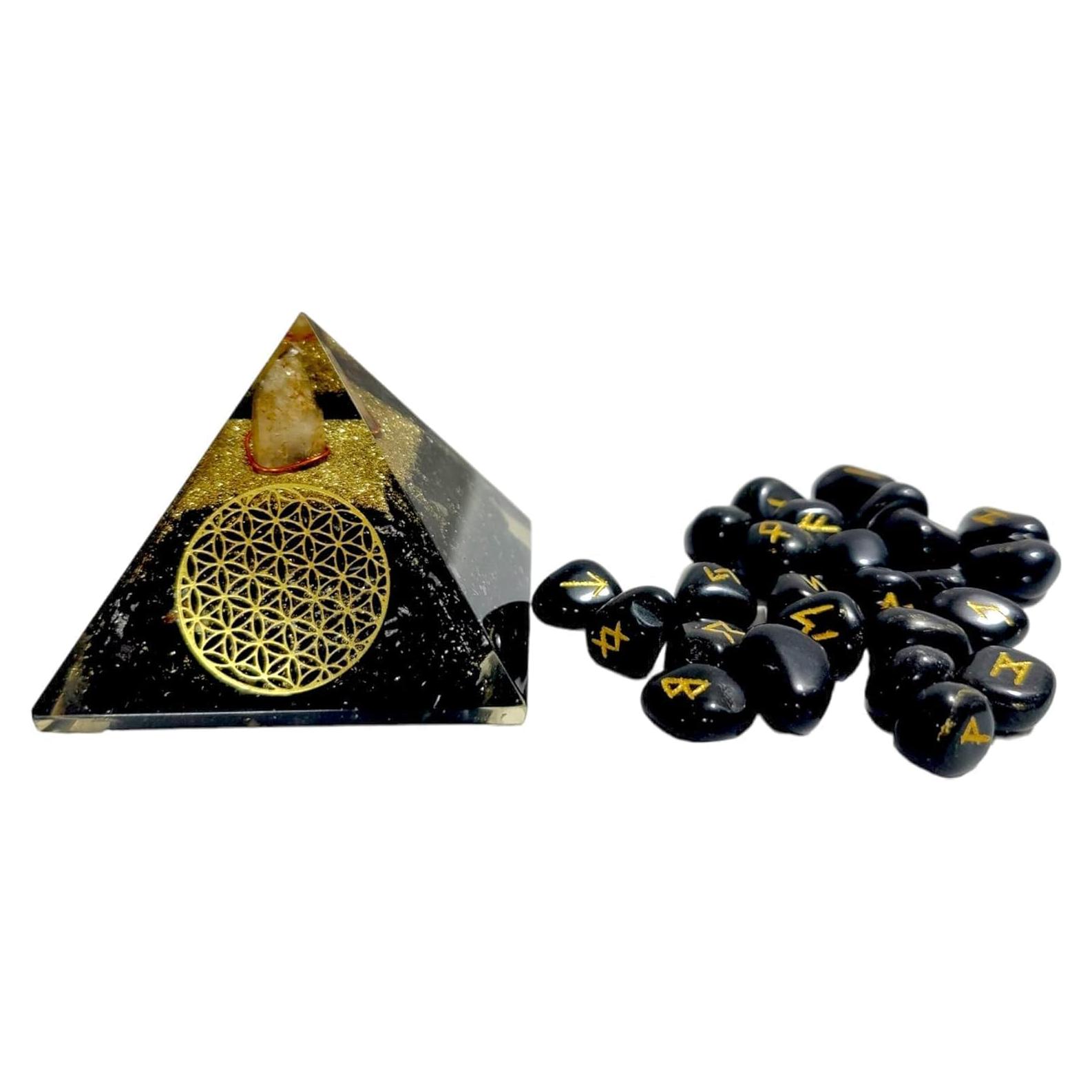 Combo Pirámide Cristal Orgón Turmalina Negra y Runas 25 Pcs