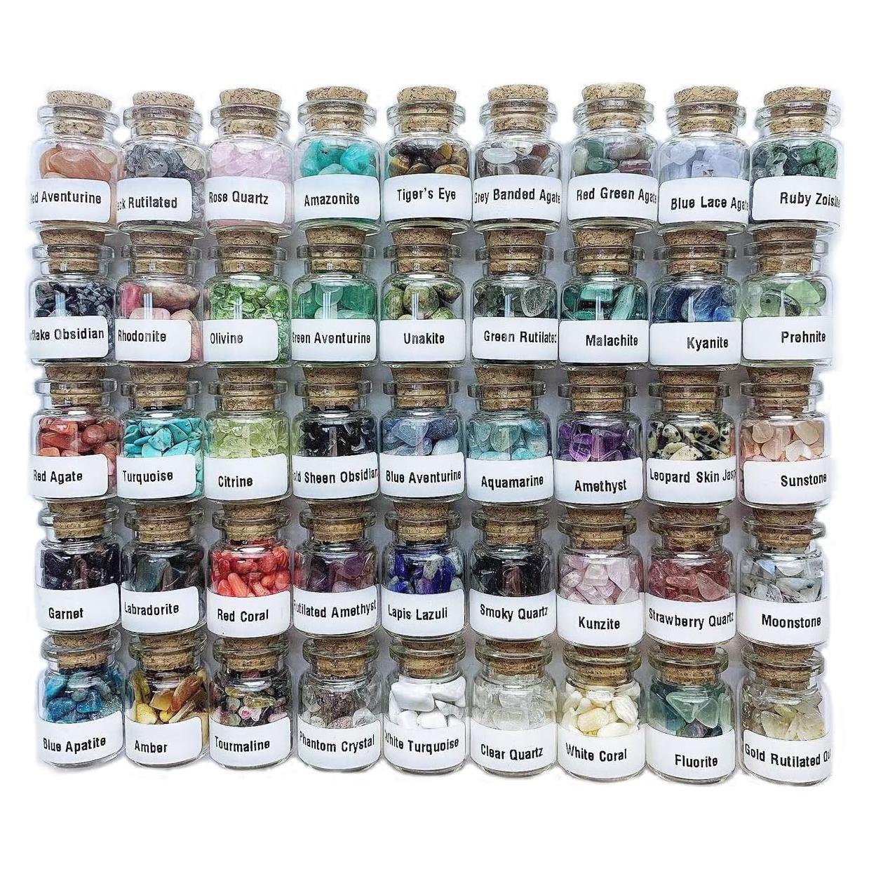 Conjunto de 45 Piedras Preciosas en Botellas de Vidrio 30mm