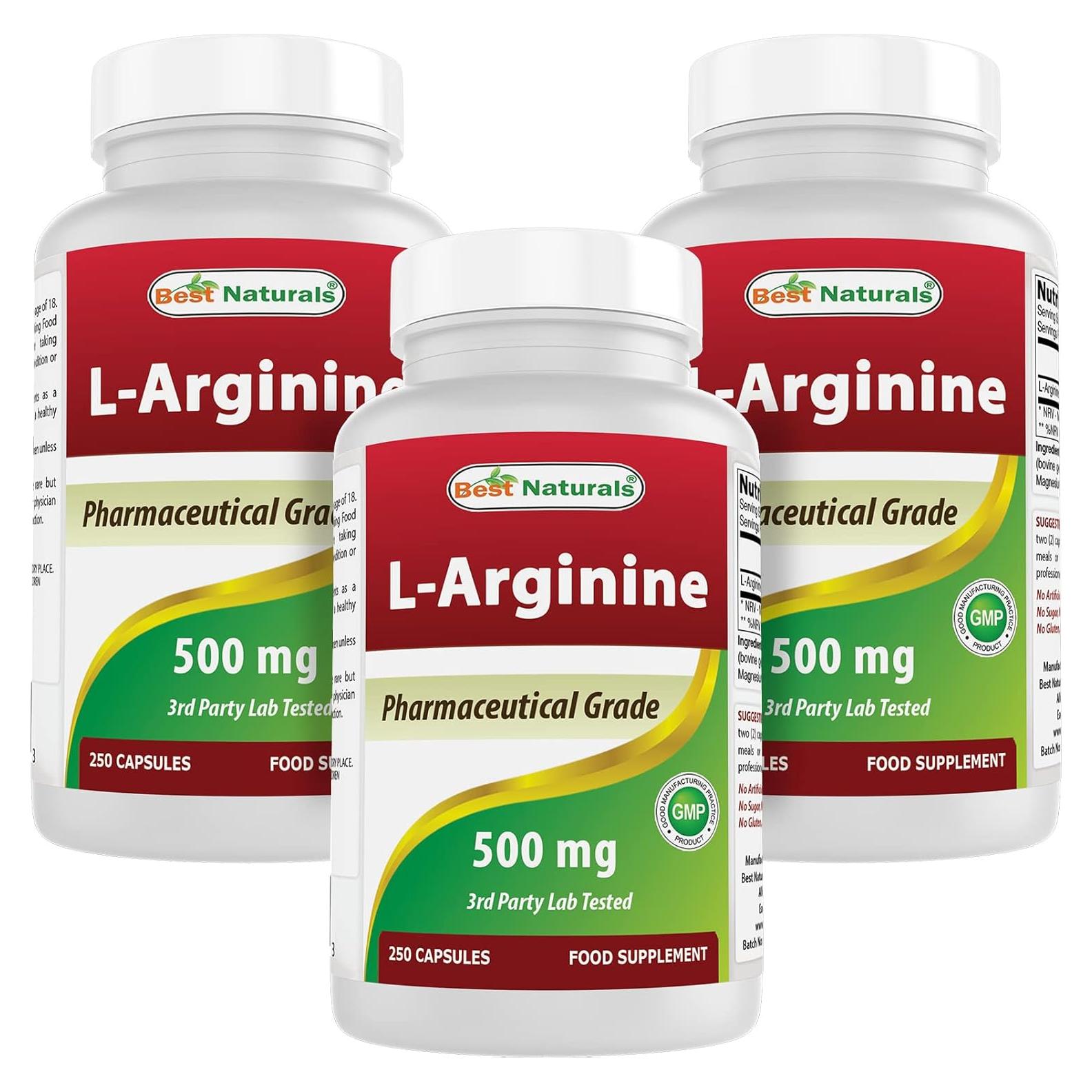 L-Arginina 500mg Mejores Naturales 250 Cápsulas Paquete de 3