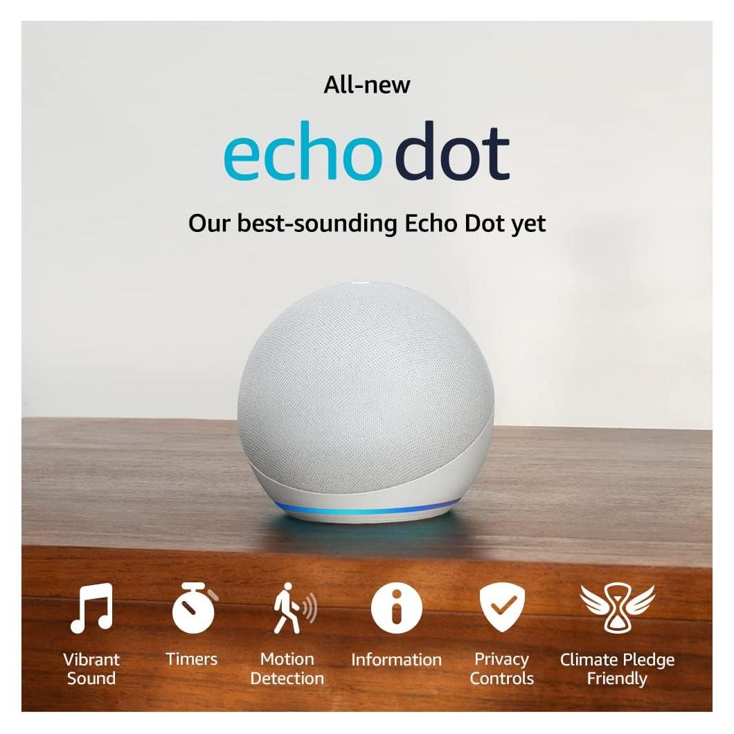 Like-New Echo Dot (5th Gen, 2022 release) | With bigger vibrant sound, helpful routines and Alexa | Glacier White