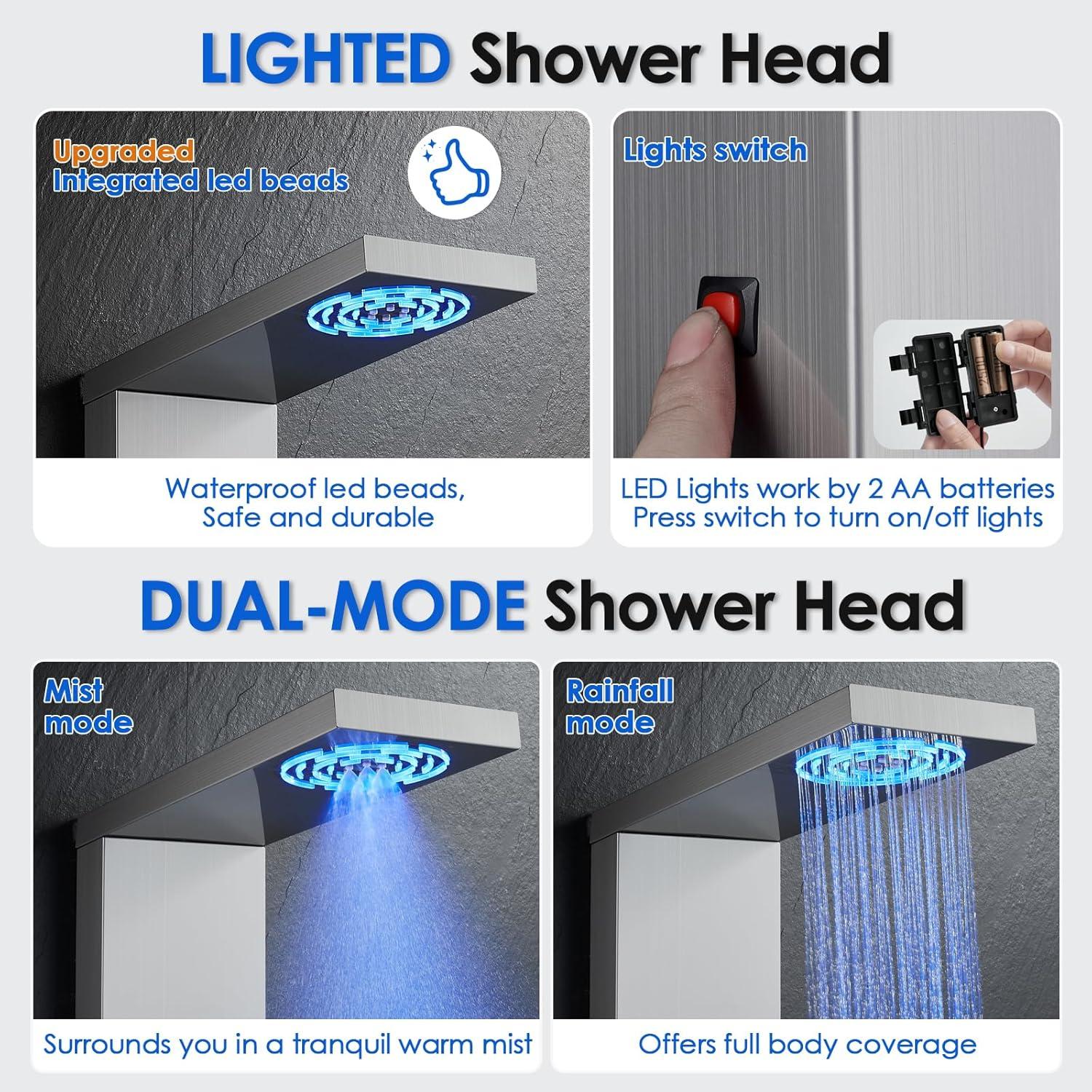 Panel de Ducha ROVOGO Acero Inoxidable 118.1 cm LED 4 Funciones