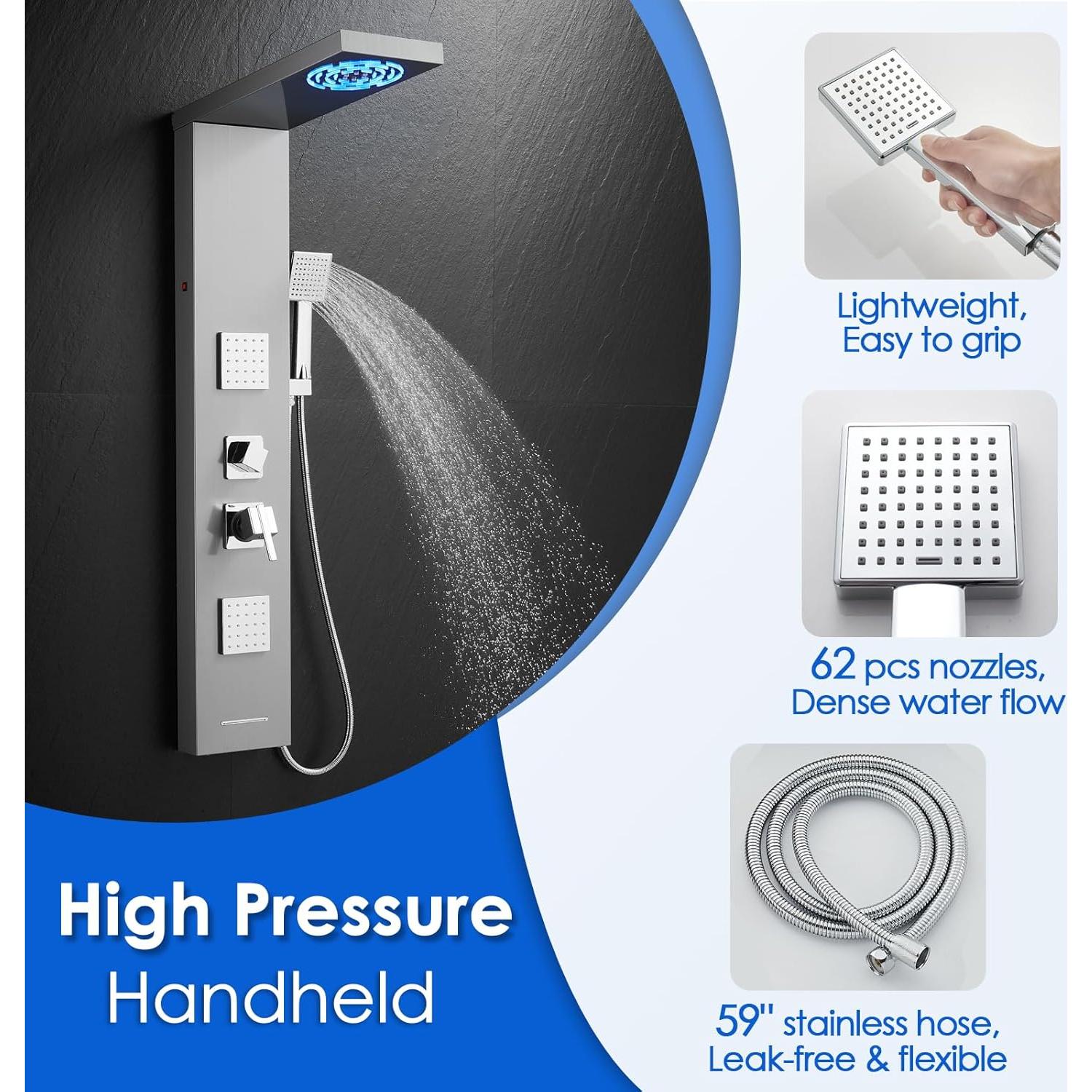 Panel de Ducha ROVOGO Acero Inoxidable 118.1 cm LED 4 Funciones