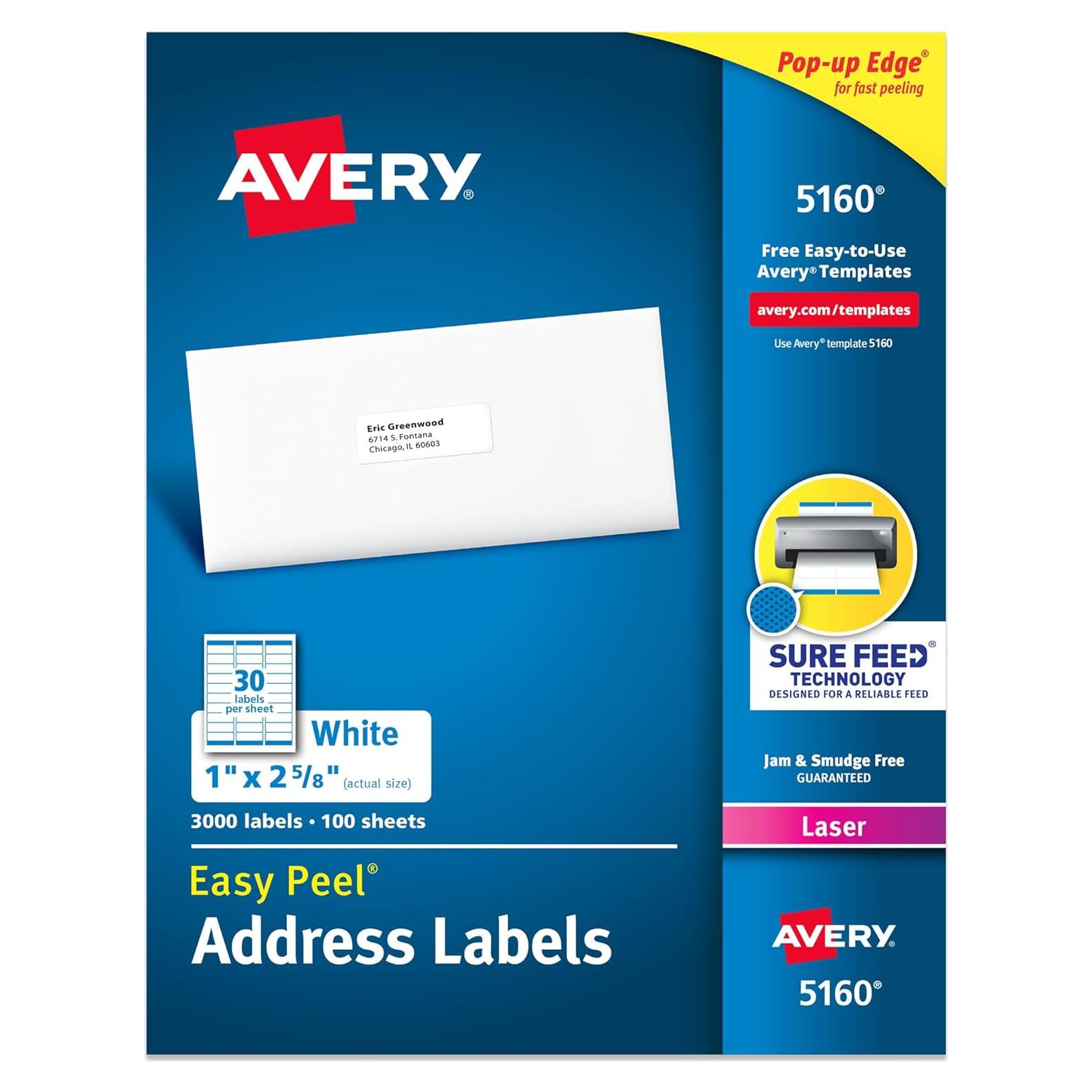 Etiquetas de Dirección Imprimibles Avery 5160, 3,000 Blancas