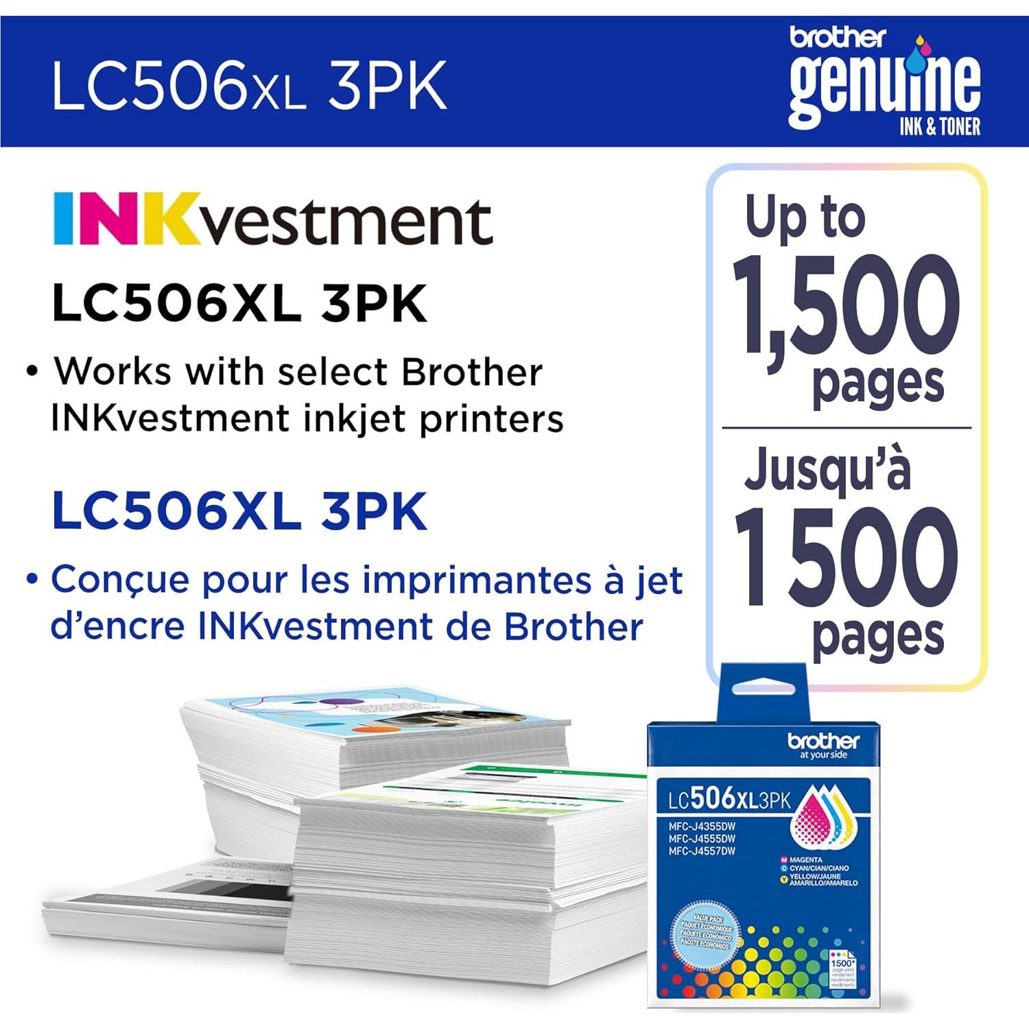 Cartuchos de Tinta Brother LC506XL3PK Alto Rendimiento Cian, Magenta, Amarillo