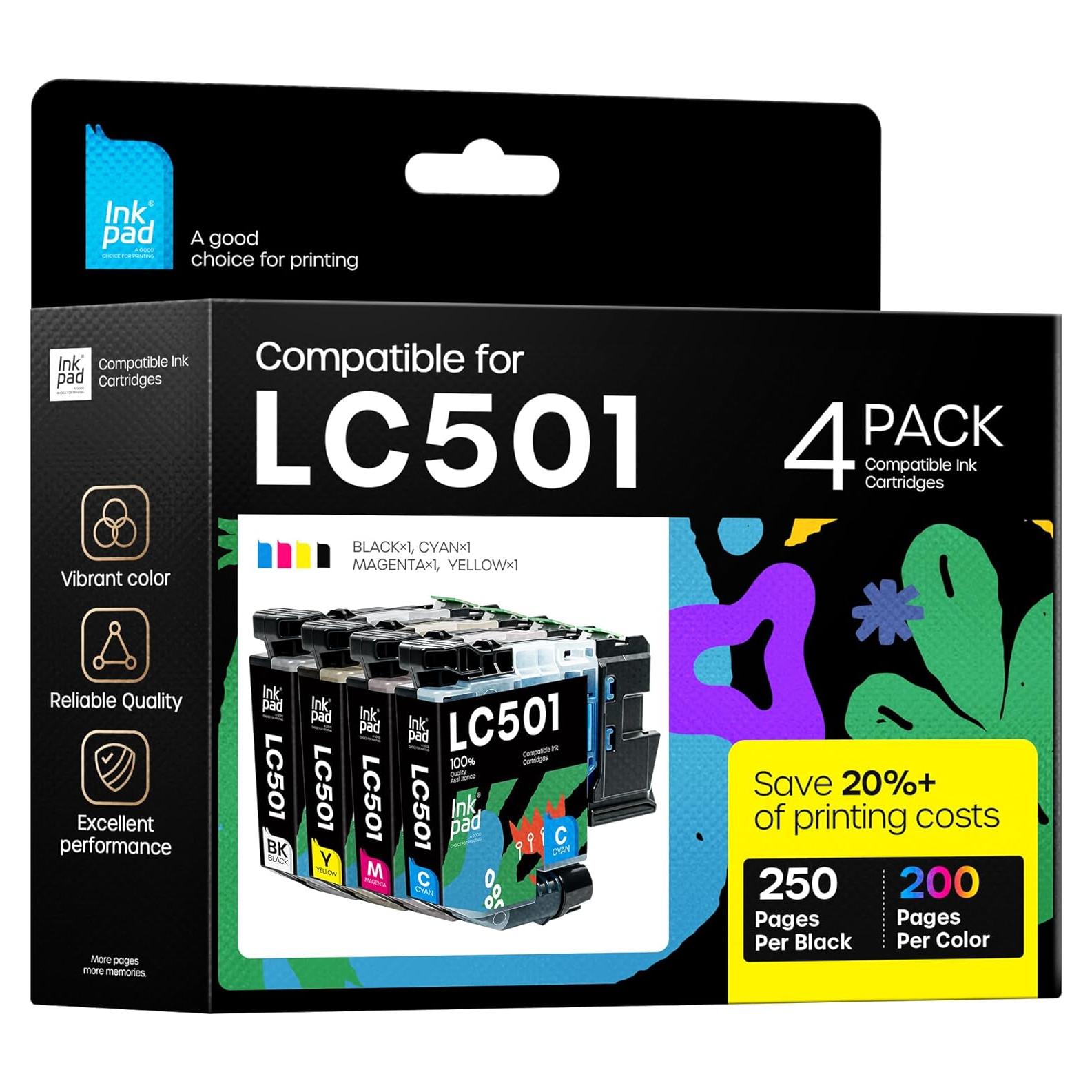 Cartuchos de Tinta Compatible LC501 iNKPAD - 4 Piezas Negro, Cian, Magenta, Amarillo