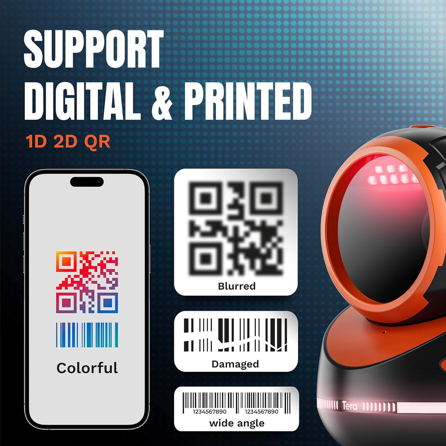 Escáner de Código de Barras Tera 9800 USB 1D 2D QR Manos Libres