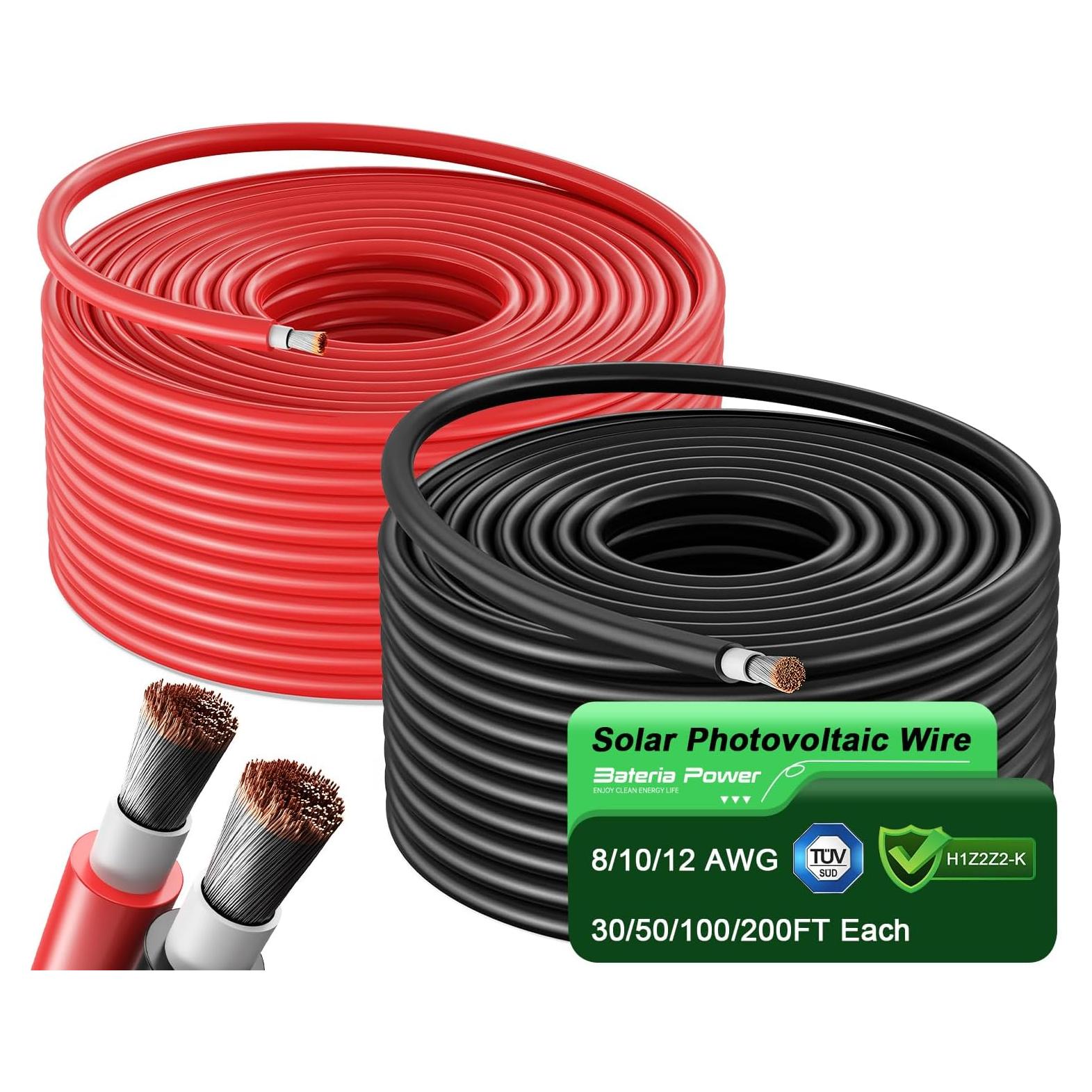 Cable de Extensión Solar 10AWG 100Ft Batería Power Negro y Rojo