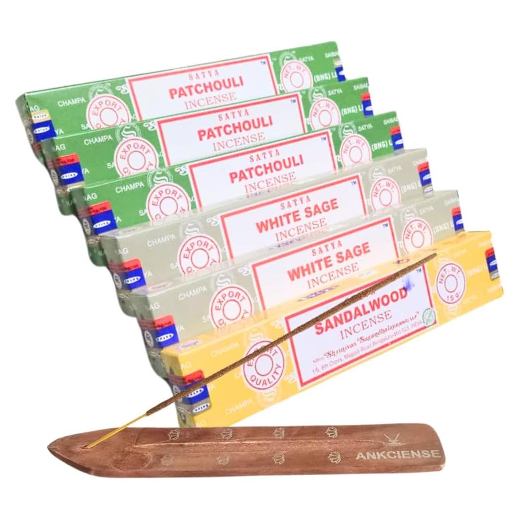 Paquete de 3 Inciensos Satya: Patchouli, Salvia Blanca y Sándalo