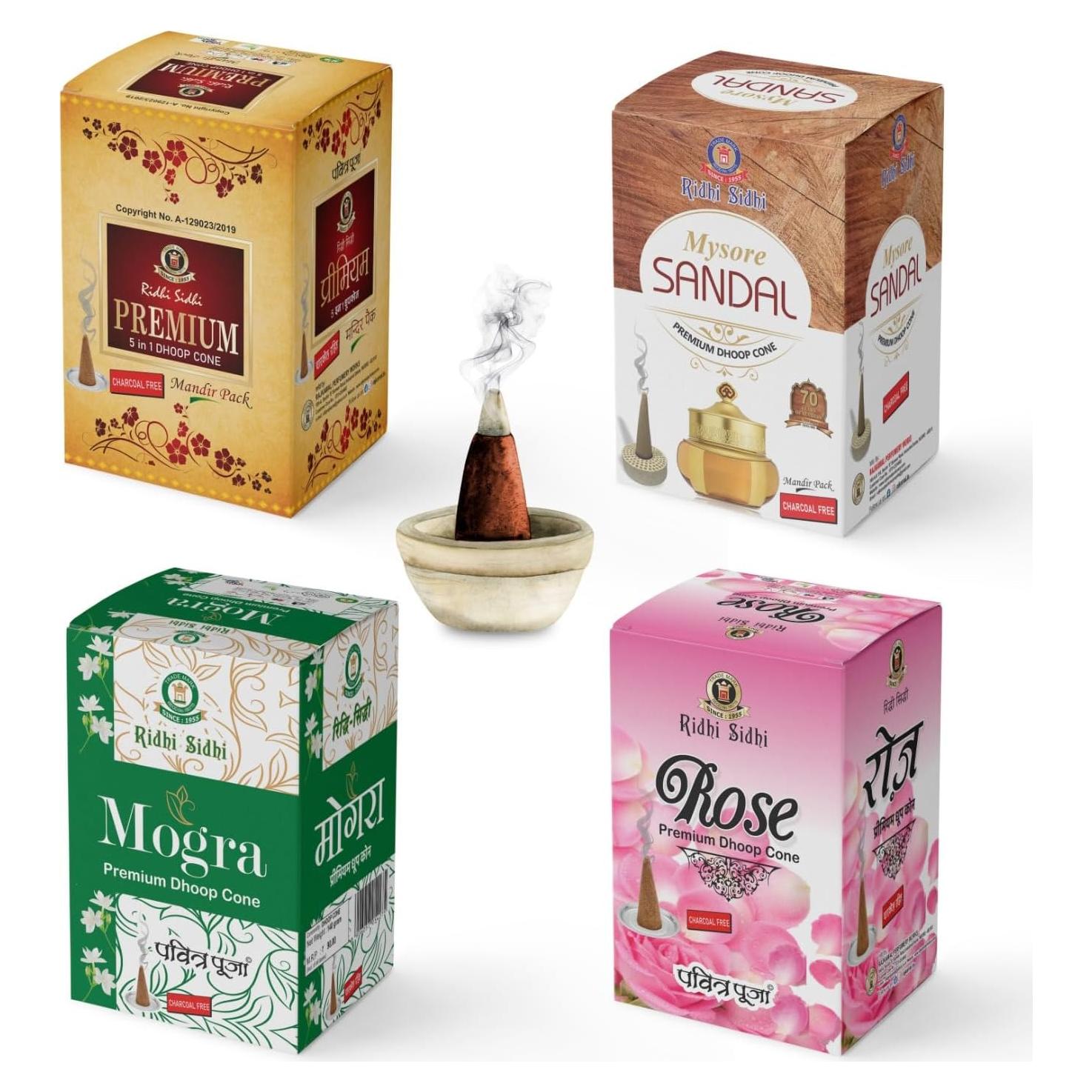 Conos de Incienso Natural RIDHI SIDHI 5 en 1 - Mogra, Sándalo, Rosa