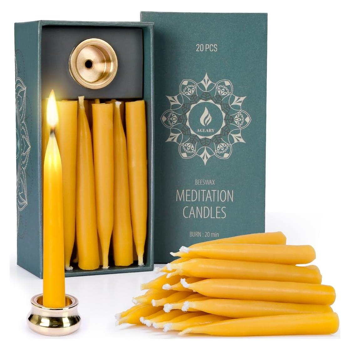 Set de 20 Velas de Cera de Abeja Pura con Soportes de Latón