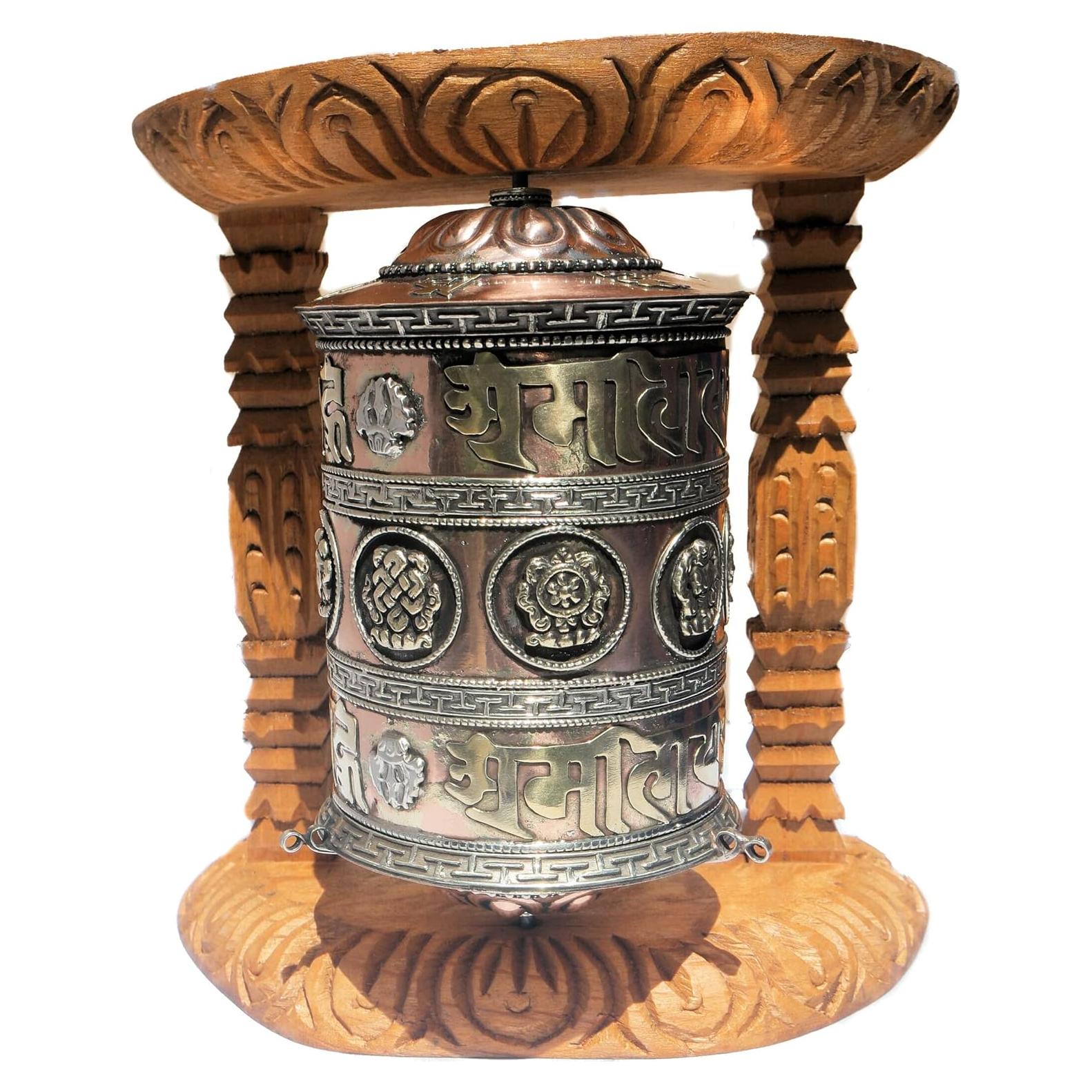 Rueda de Oración Tibetana Hecha a Mano con Marco de Madera