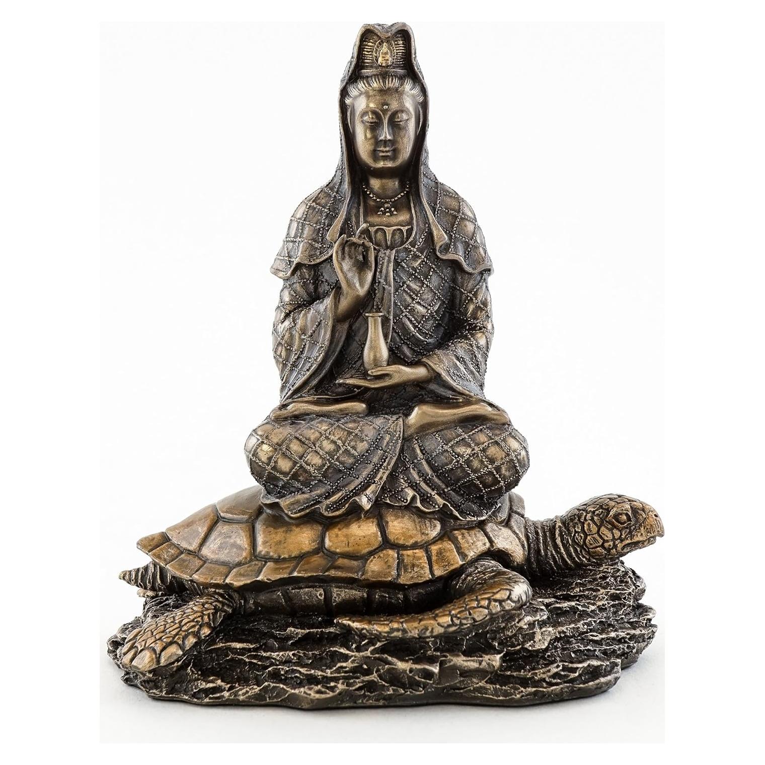 Estatua Guan Yin sobre Tortuga Marina - Escultura en Bronce Frío 16.5 cm