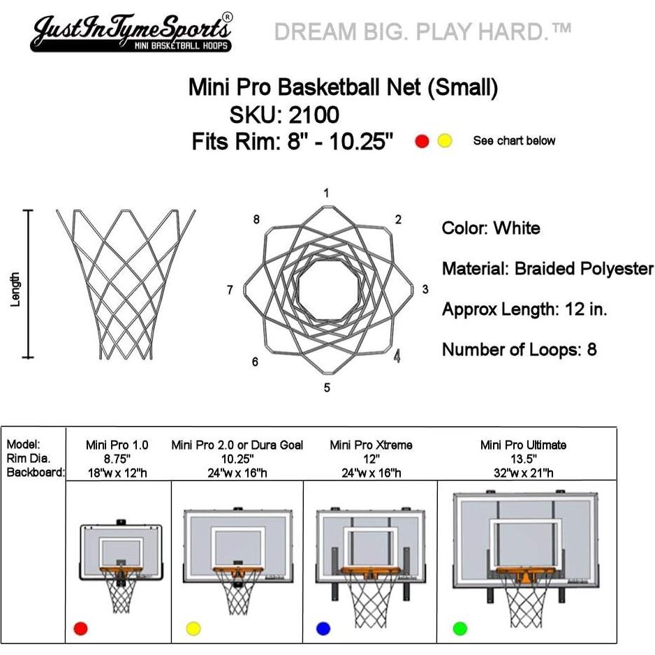 Red de Baloncesto Mini JustInTymeSports 8 Lazos 20.32-26.04 cm
