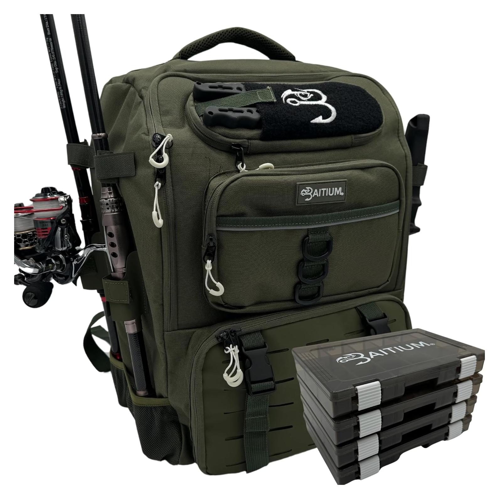 Mochila de Pesca Baitium 40L con Soportes y Nevera Verde