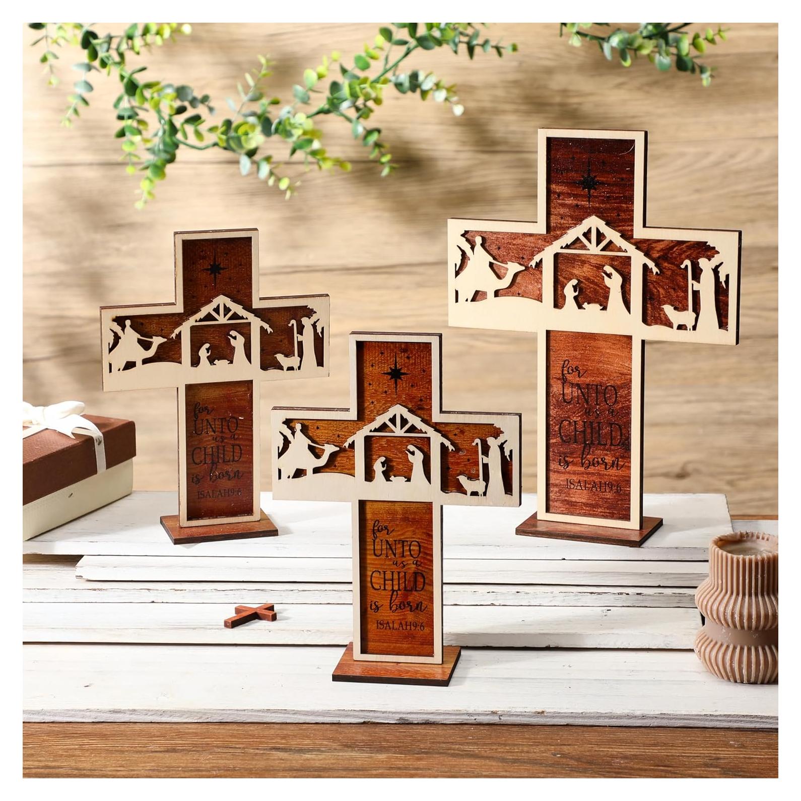 Adorno de Mesa Natividad Huwena 3 Piezas Madera Vintage