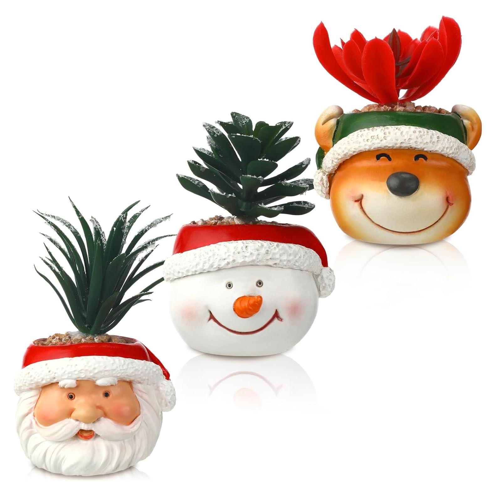 3 Plantas Suculentas Artificiales de Navidad en Macetas de Resina