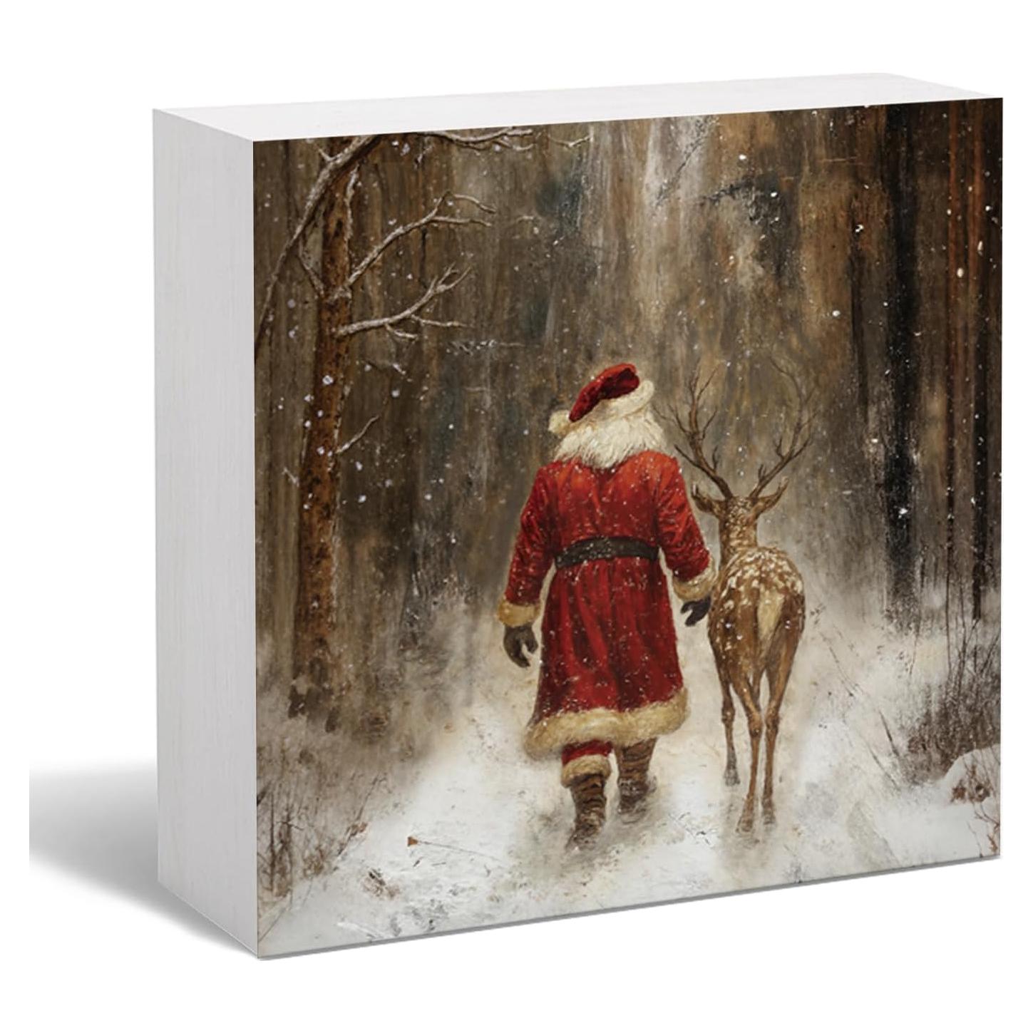 Cartel de Madera Vintage RTXLEZM Santa y Reno 12.7x12.7 cm