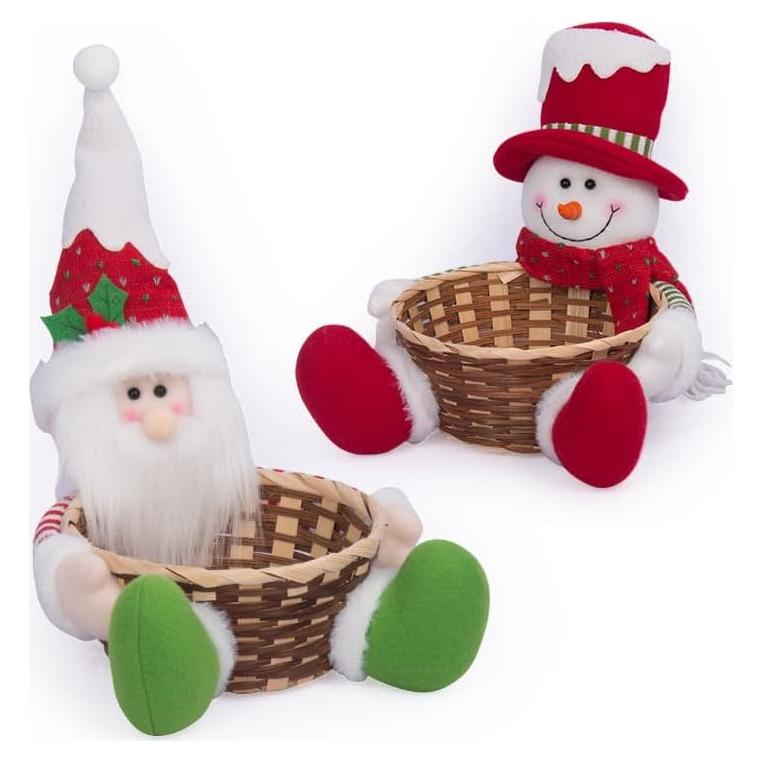 Cesta de Caramelos Navideña 23x23x30cm Santa y Muñeco de Nieve