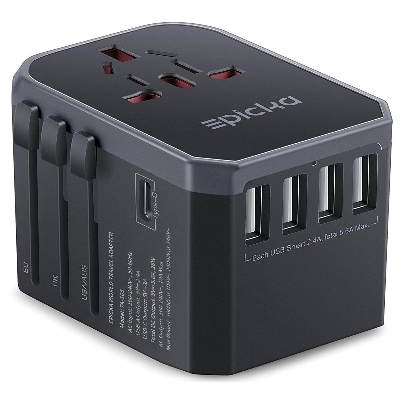 Adaptador de Viaje Universal EPICKA TA-105 Gris 6 en 1 USB-C