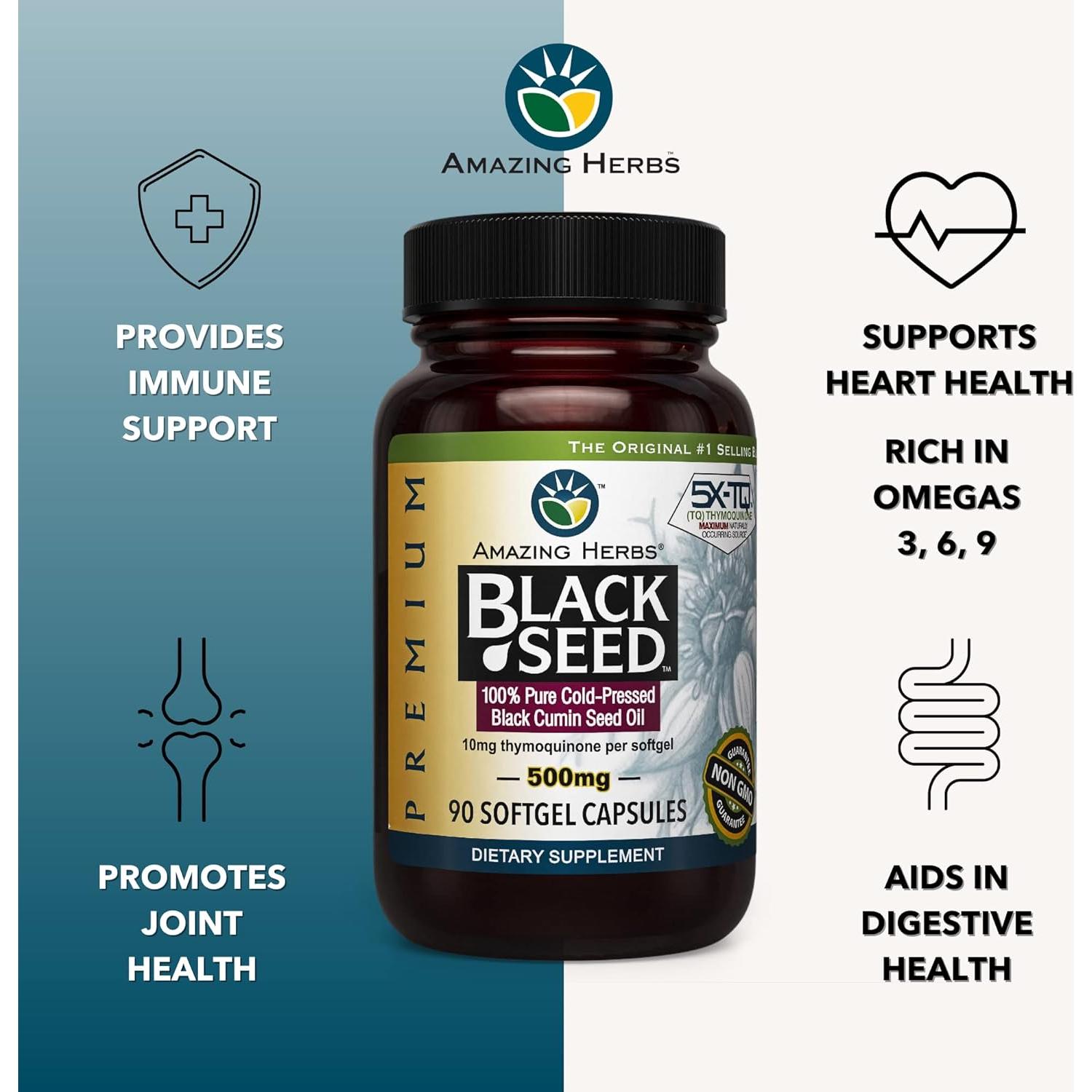 Aceite de Semilla Negra Amazing Herbs 500mg - 180 Cápsulas Blandas