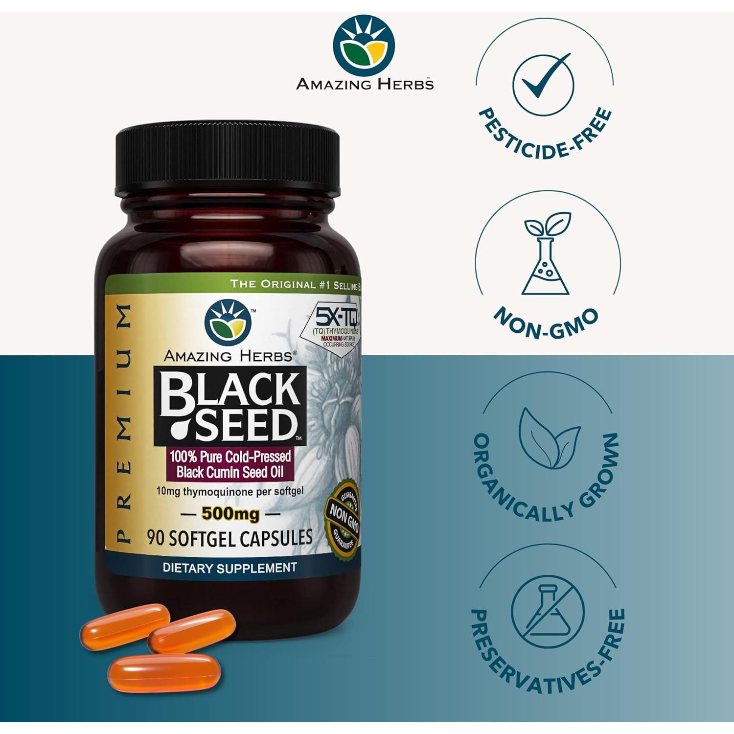 Aceite de Semilla Negra Amazing Herbs 500mg - 180 Cápsulas Blandas