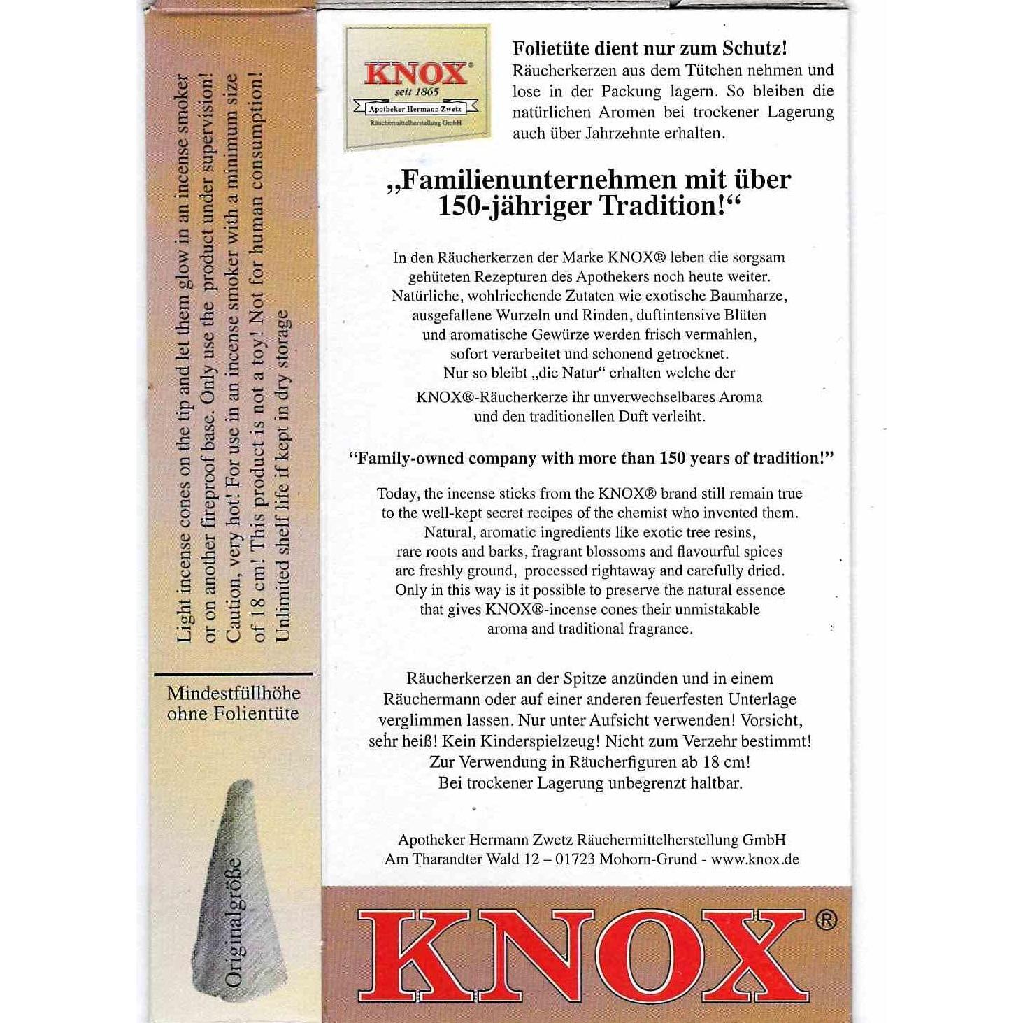 Conos de Incienso Pachulí Knox - 24 Piezas Alemanes