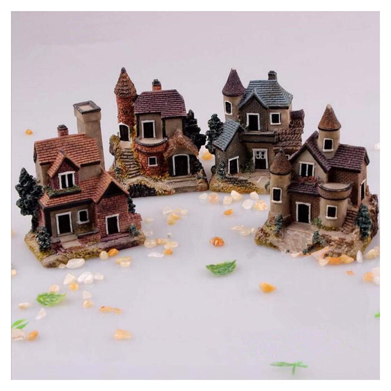 HAPYLY 4PCS Casa Miniatura Jardín Resina Decoración Hogar