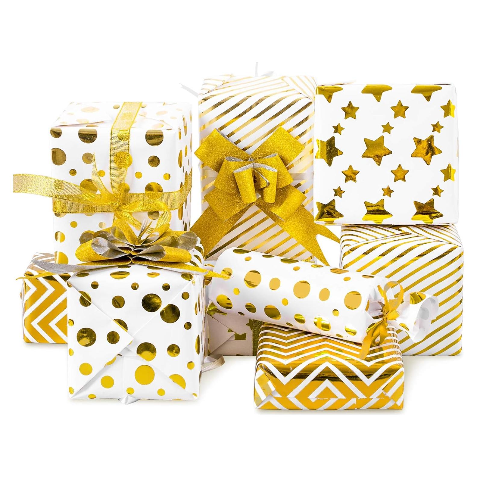 Papel de Regalo Whaline Dorado y Blanco con Lazos y Cinta