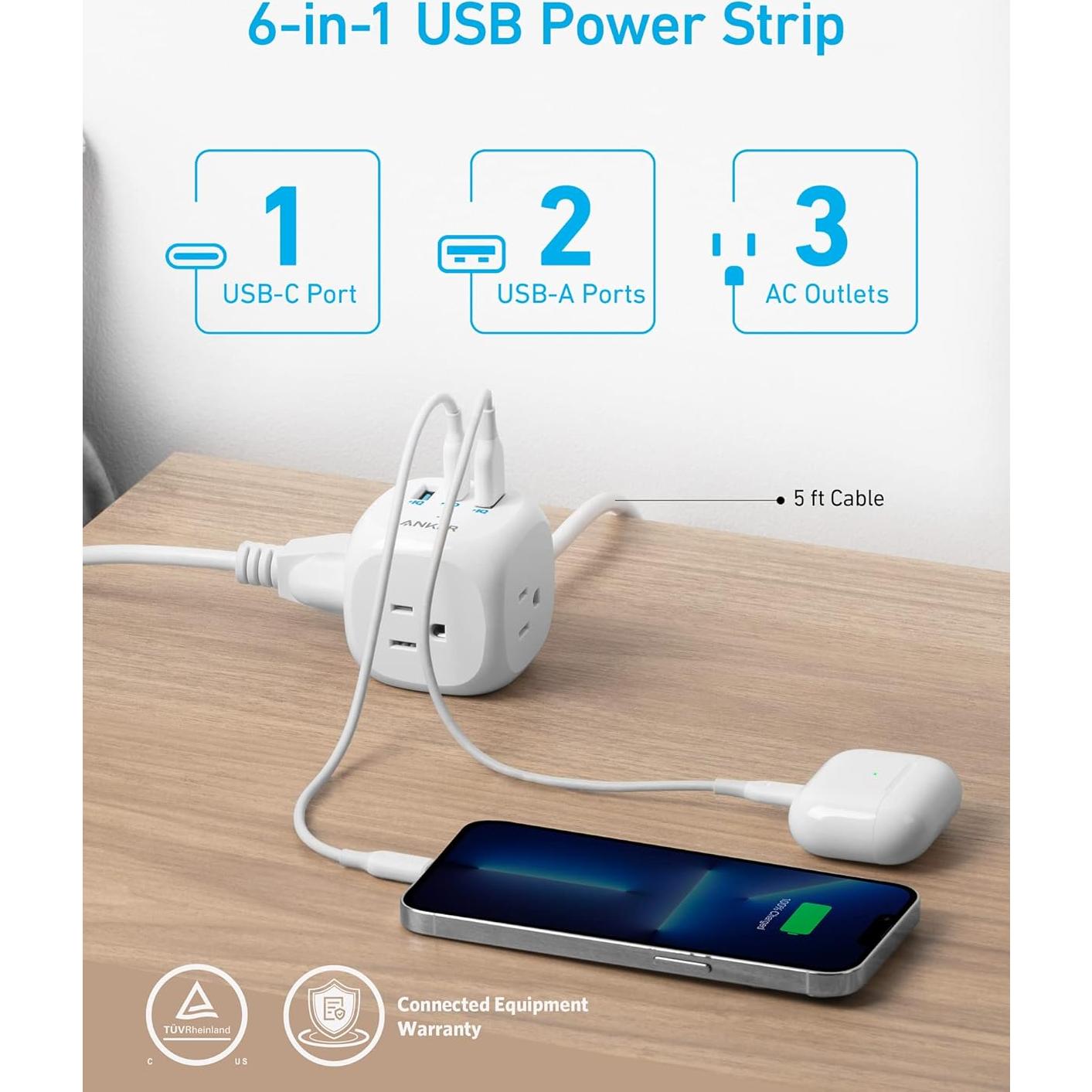 Regleta Anker 321 con 3 Salidas y Carga USB-C 1.52m