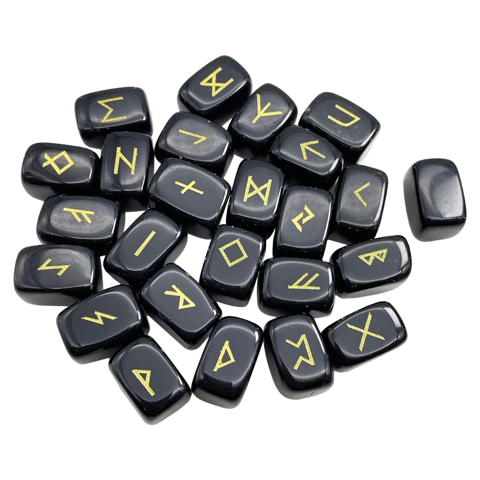 Conjunto de 25 Piedras Rúnicas de Obsidiana Negra Fekuar