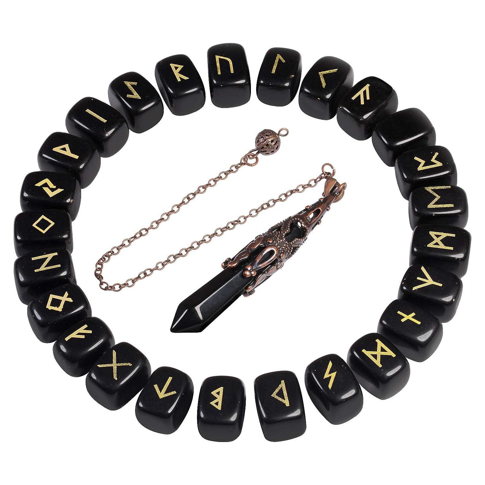 Conjunto de Runas Futhark y 6 Péndulos de Cristal Mookaitedecor