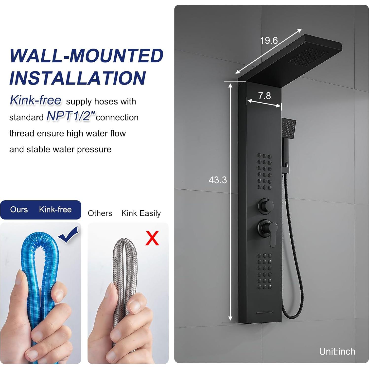 Panel de Ducha ROVATE Negra Mate con Jets de Masaje 4 Modos