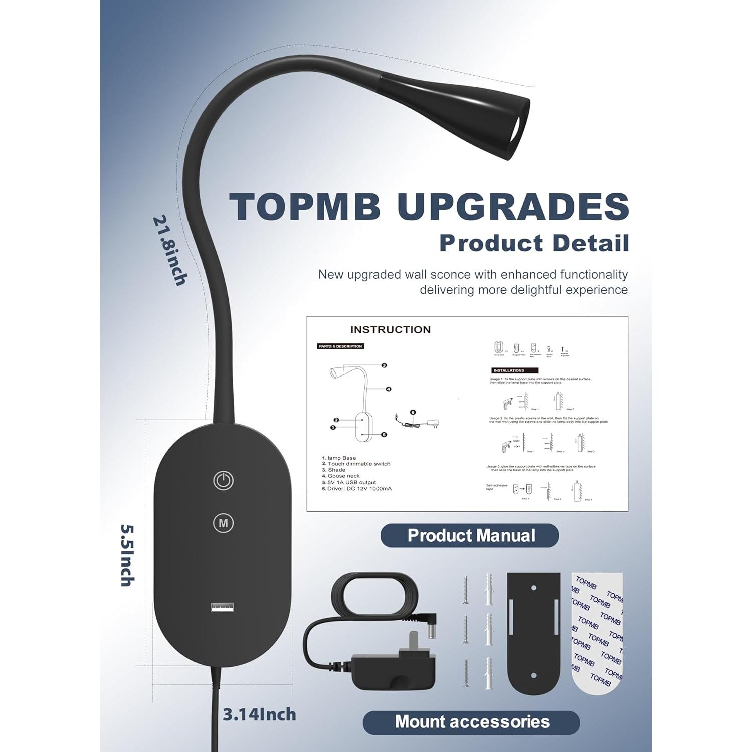 Lámpara de Lectura Montada en Pared TOPMB 4 Modos de Color