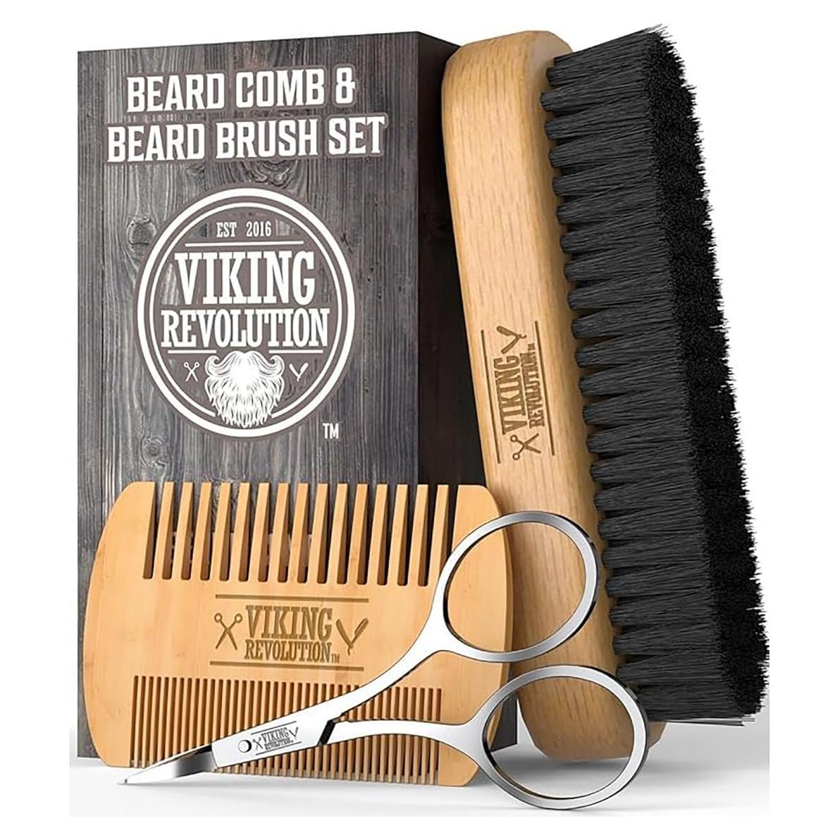 Juego de Peine y Cepillo para Barba Viking Revolution - Natural