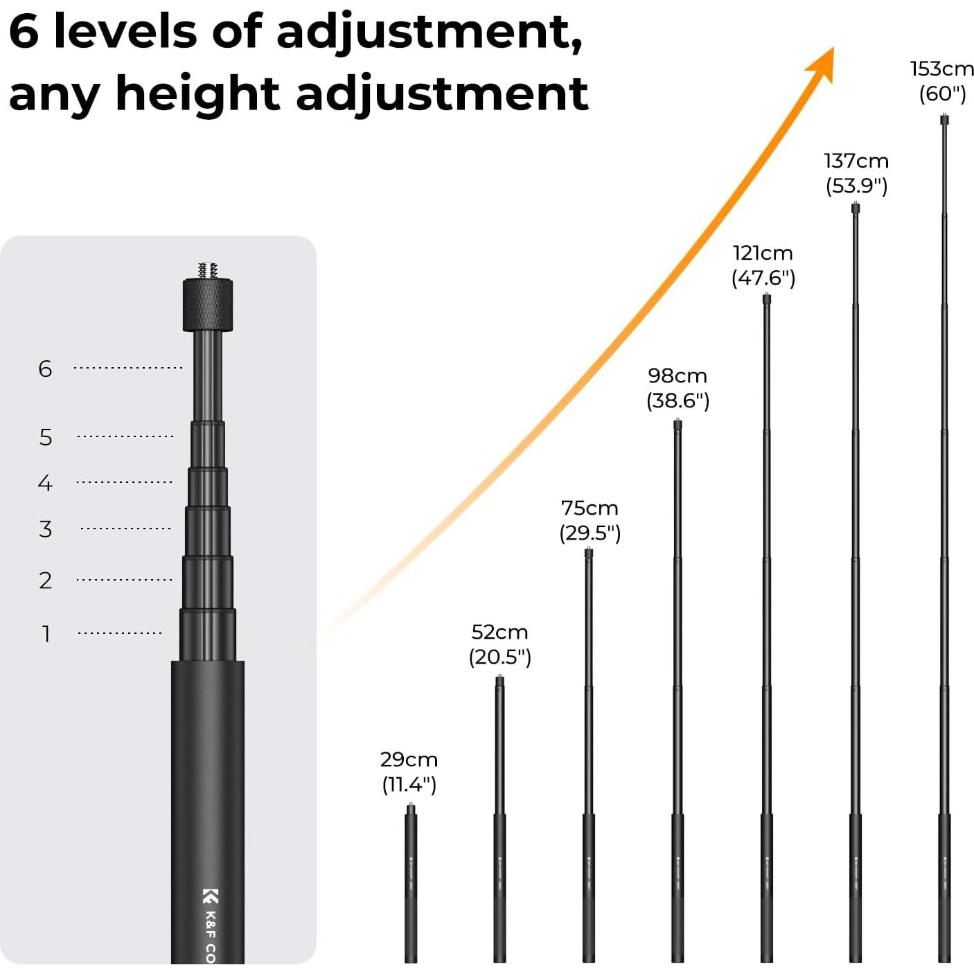 K&F Concept Palo de Selfie Invisible 153cm para GoPro y DJI