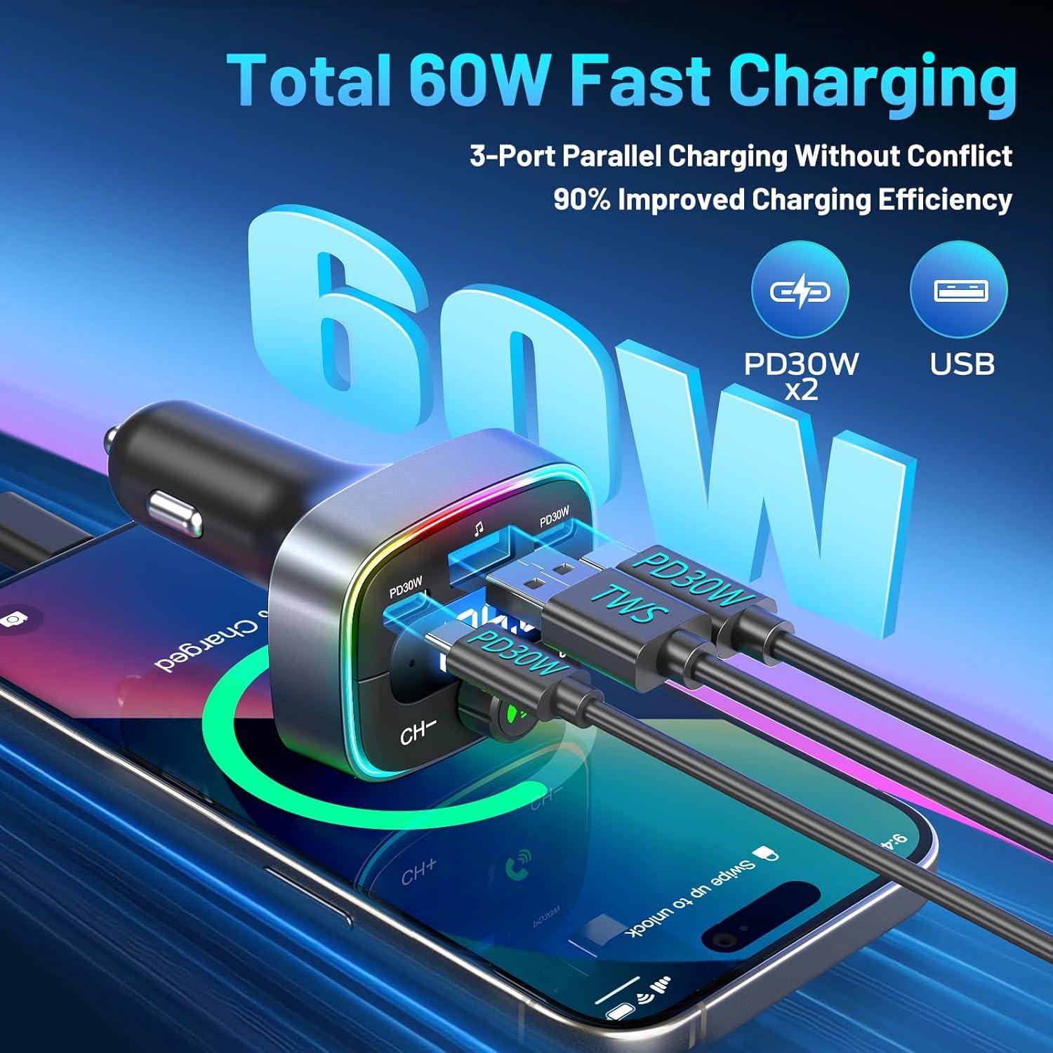 Adaptador Bluetooth 5.4 para Coche HUNDRUP 60W Carga Rápida