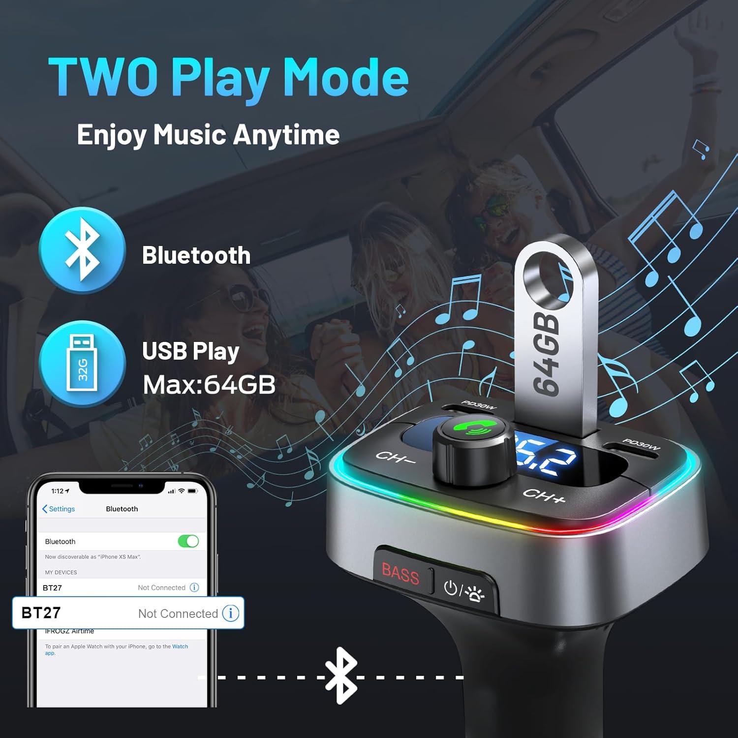 Adaptador Bluetooth 5.4 para Coche HUNDRUP 60W Carga Rápida