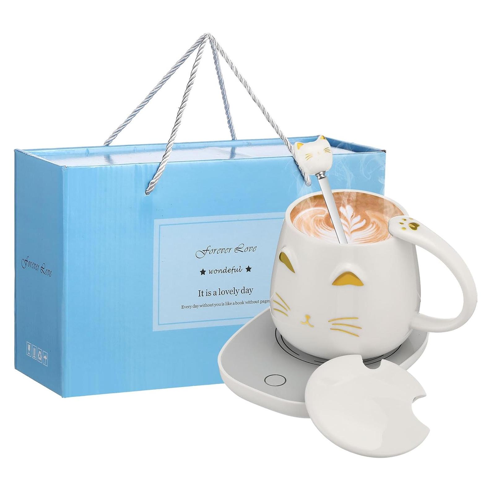 Calentador de taza eléctrico Reallnaive con diseño de gato blanco