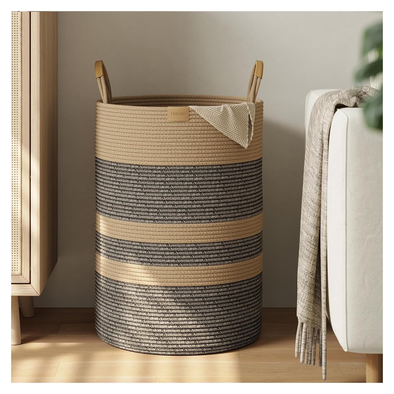 Cesta de Ropa Plegable Nunsino 95L Algodón Marrón Oscuro